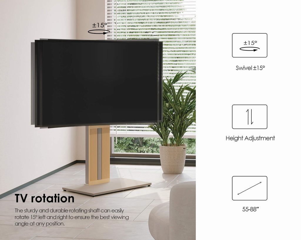 FITUEYES Wood TV Stand Swivel Mount with Hidden Back Storage for 32-65 inch TV Screens, Scandinavian Style Tall Floor TV Stand for Home Decor with Reinforced Base, Zen Series, Black