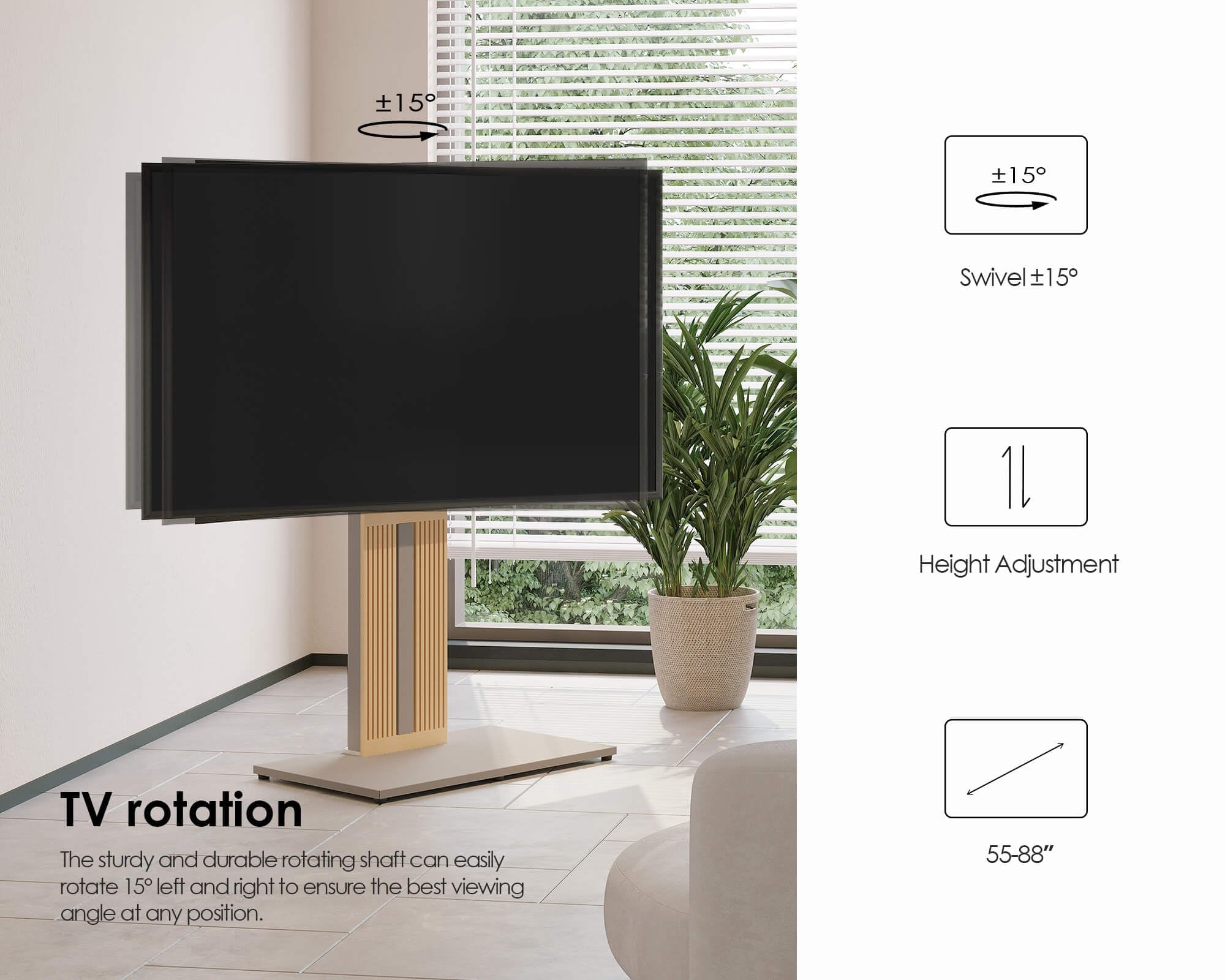 FITUEYES Wood TV Stand Swivel Mount with Hidden Back Storage for 32-65 inch TV Screens, Scandinavian Style Tall Floor TV Stand for Home Decor with Reinforced Base, Zen Series, Black