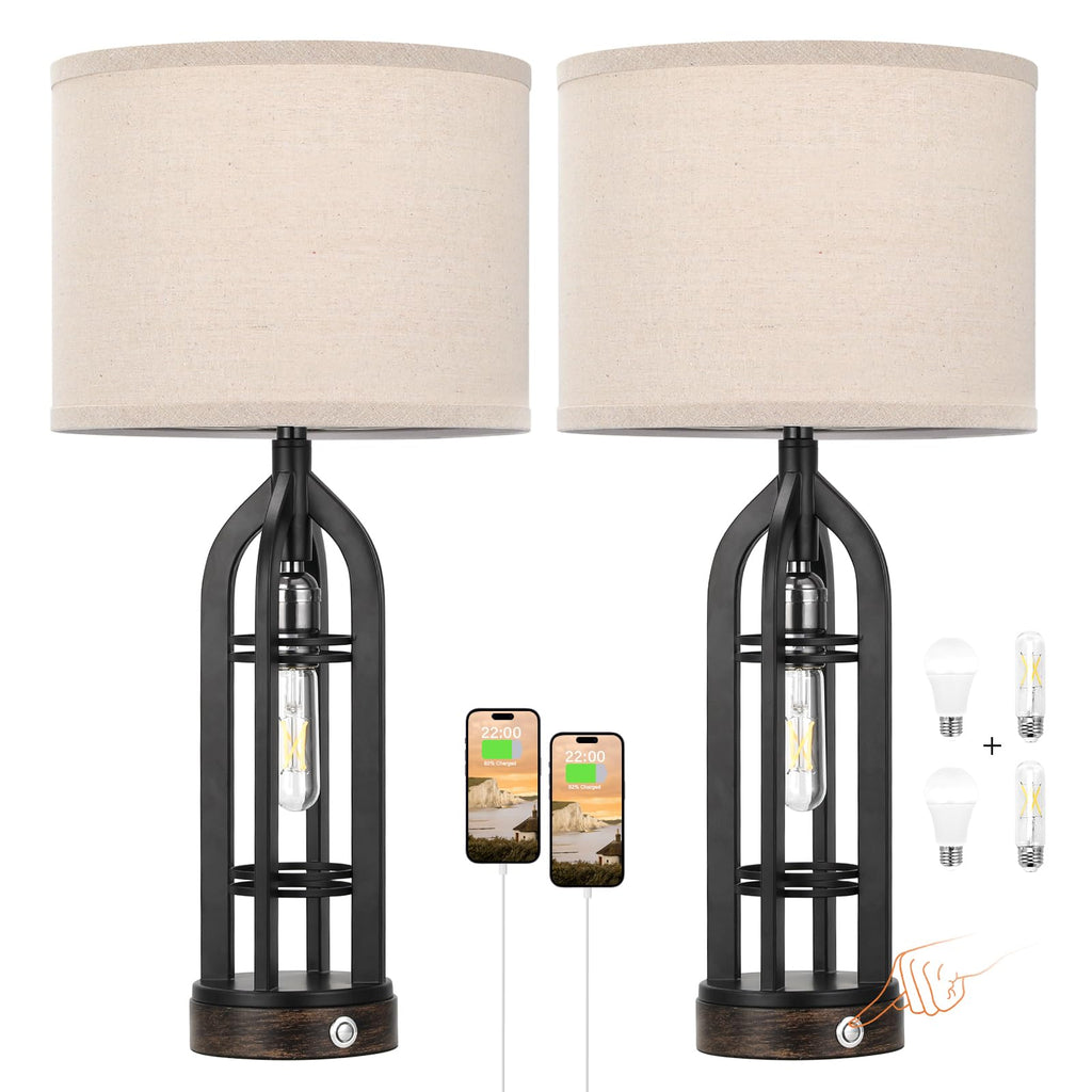 Seealle Table Lamp for Living Room Set of 2 - Wood-Like Bedside Lamp for Bedroom with USB C+A & Outlet, Farmhouse Lamps for Night Stands, 3-Way Dimmable Touch Lamps for Living Room