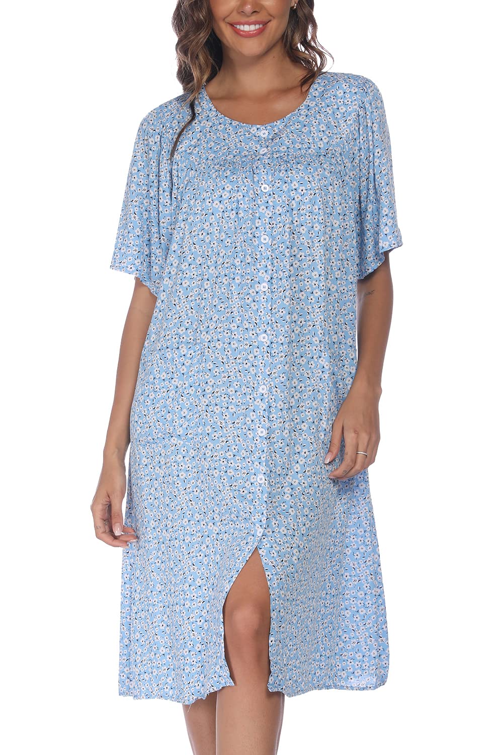 COSUNIONY House Dresses for Women Cotton Short Sleeve House Coat Buttons Down Dusters Robe with Pockets S-XXL
