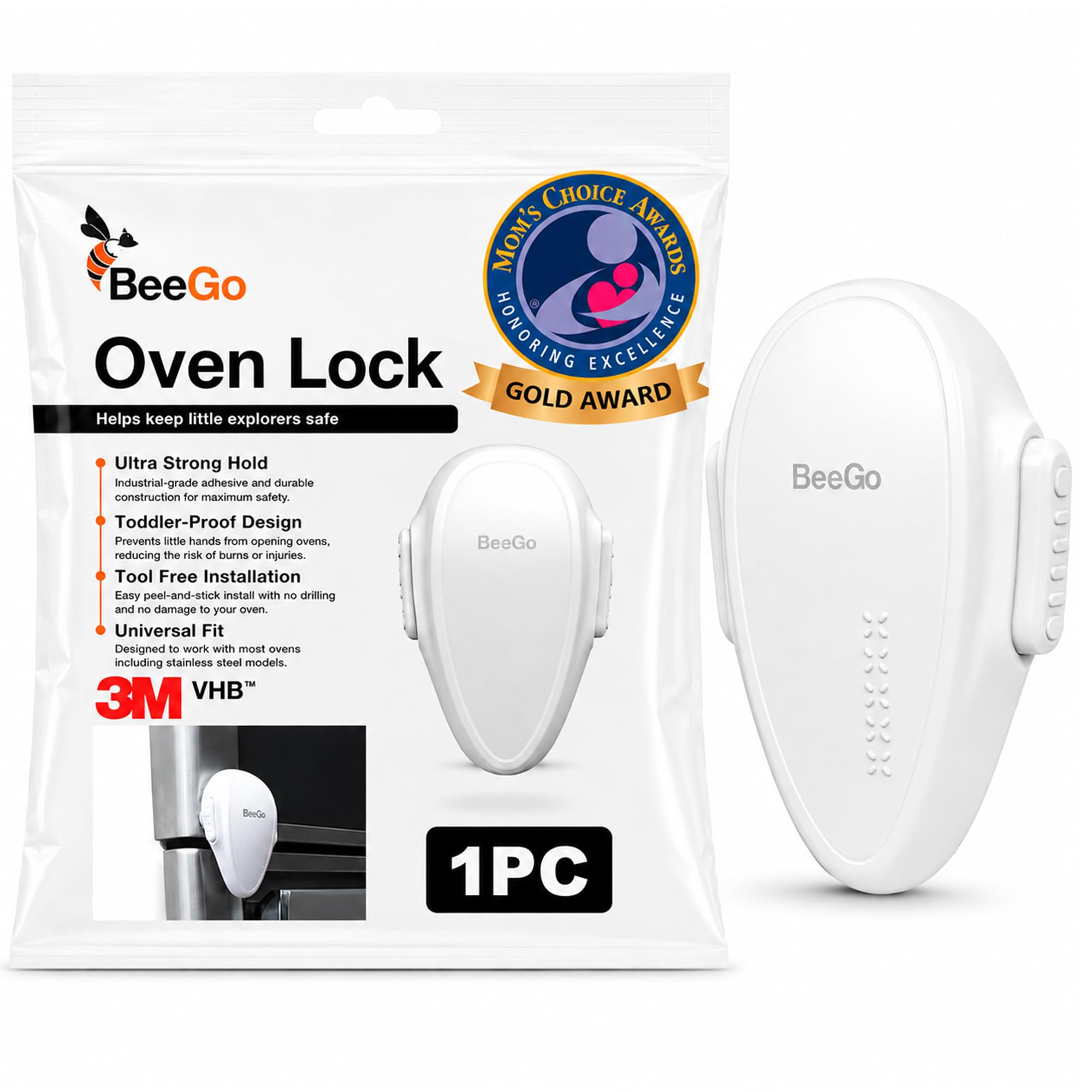 BeeGo® Oven Lock – Mom's Choice Awards® Gold | Child Safety Baby Proofing Lock for Oven, Stove & Microwave – Self-Adhesive, Heat-Resistant, No Drill, Easy Install (Black, Flat Surfaces Only)