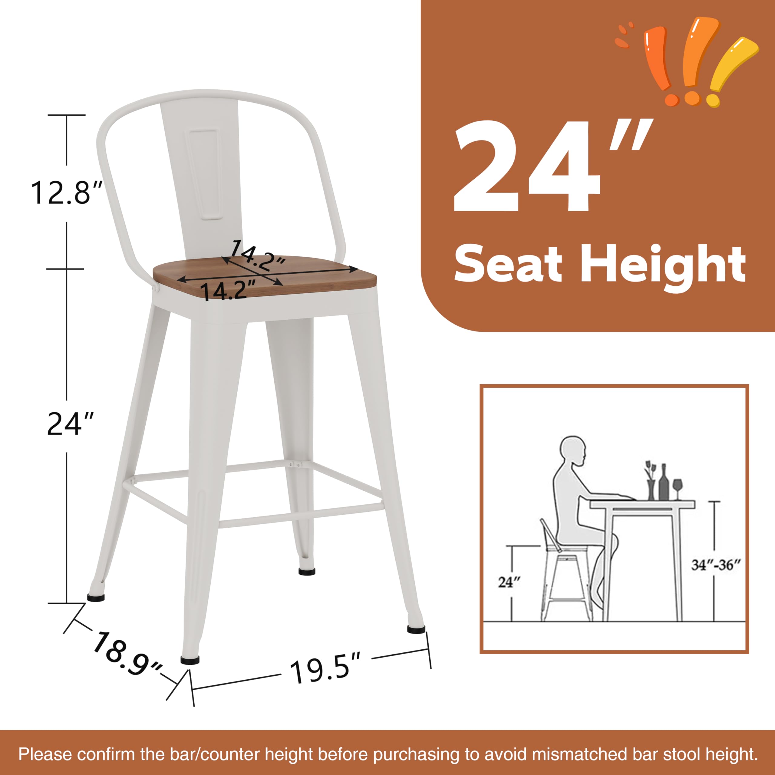 Barstools Set of 4 Counter Height Bar Stools for Kitchen Island Farmhouse Metal High Back Bar Chairs Wooden Seat 24" Matte Black