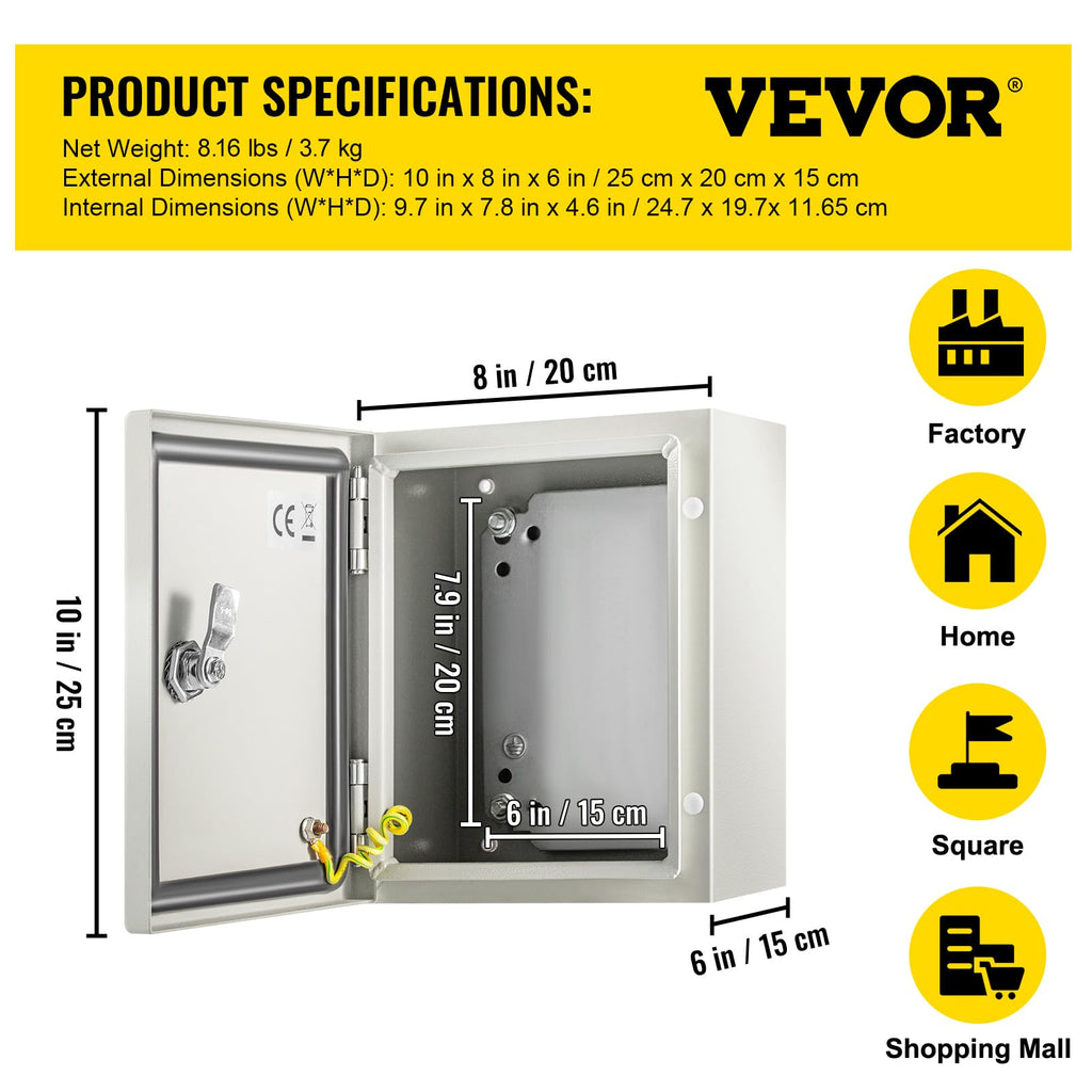 VEVOR NEMA Steel Enclosure, 8" x 8" x 6" NEMA 4X Steel Electrical Box, IP66 Waterproof & Dustproof, Outdoor/Indoor Electrical Junction Box, with Mounting Plate