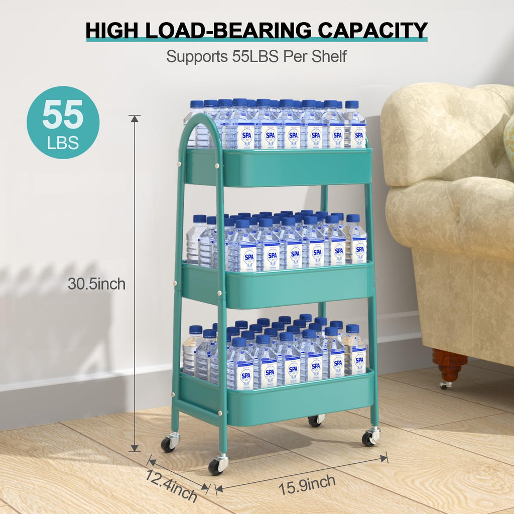 EAGMAK 3 Tier Rolling Cart, Large Metal Storage Cart with Handle and Lockable Wheels, Big Multifunctional Storage Organizer Trolley with Mesh Baskets for Kitchen, Living Room, Office, Garage (Beige)