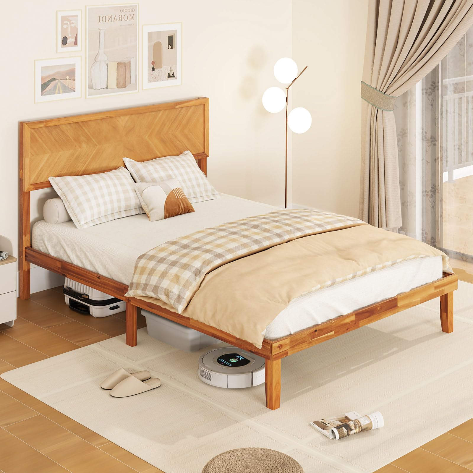 Giantex Wood Twin Bed Frames with Headboard, Solid Acacia Wood Platform Bed with 12 Strong Wooden Slat Support, Scandinavian Style Art Deco Twin Size Bed Frame, No Box Spring Needed, Rustic Brown