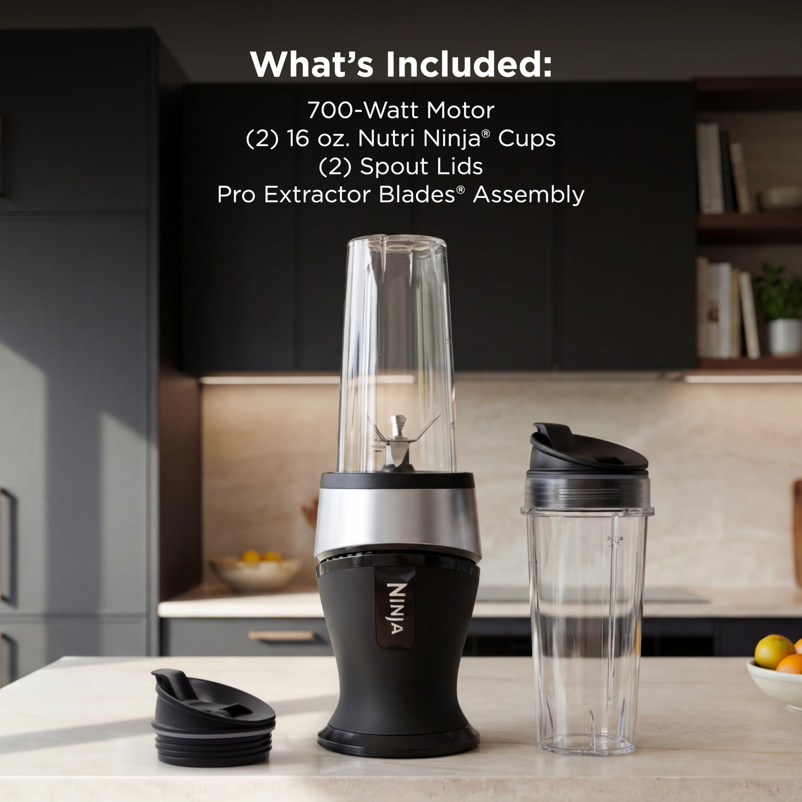 Ninja Nutri-Plus Personal Blender | Compact Push to Blend | Make Frozen Drinks, Smoothies, Sauces & More | With (3) 20 oz. To-Go Cups, (2) Spout-Lids & (1) Storage-Lid | 900 Peak Watt | Silver | BN301