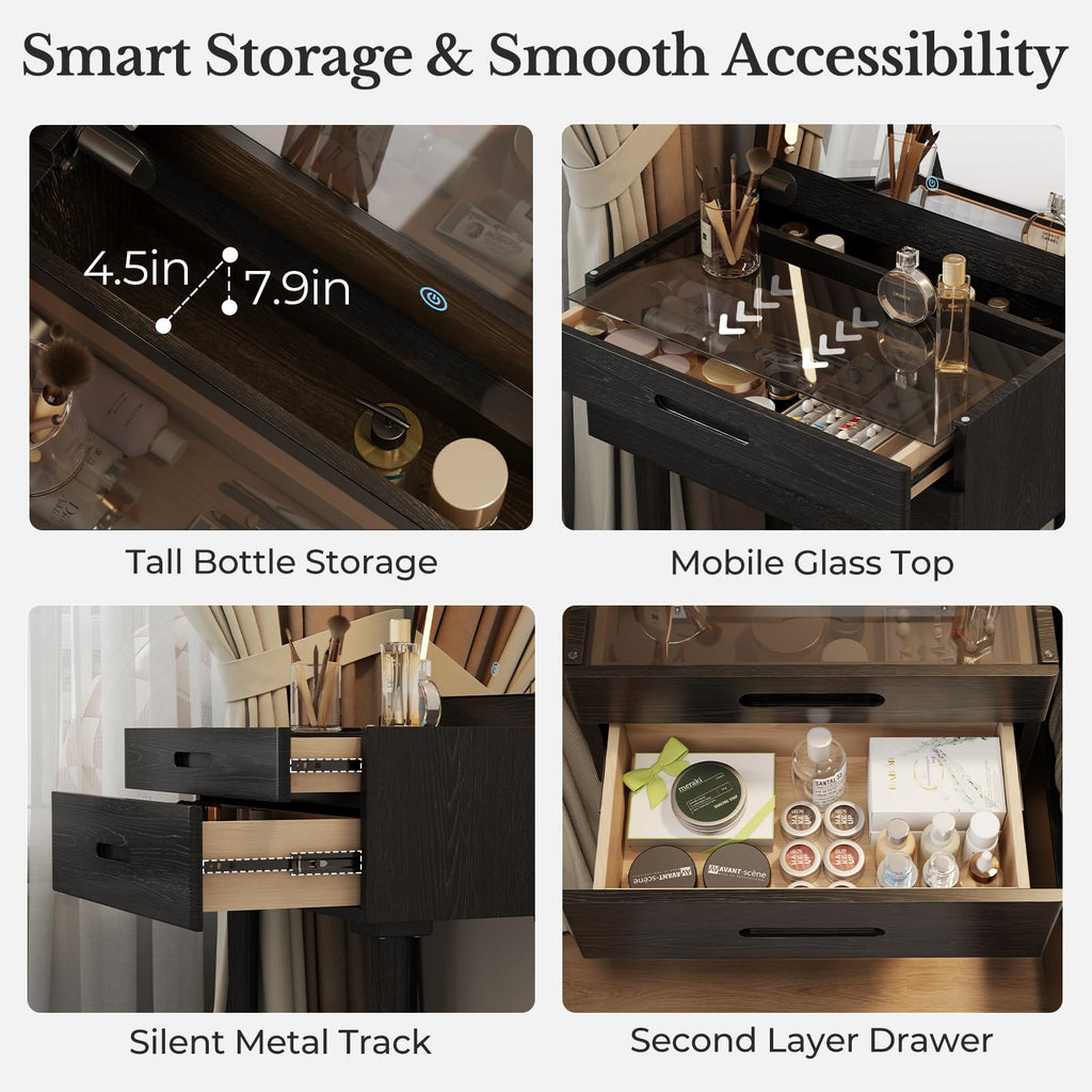 Muwuele Solid Wood Small Vanity Desk with Mirror and Lights, Narrow Makeup Vanity for Small Space, Flip Top Vanity Side Table, 3 Color Modes & Adjustable Brightness, 19.6" Slim Dressing Table, Black