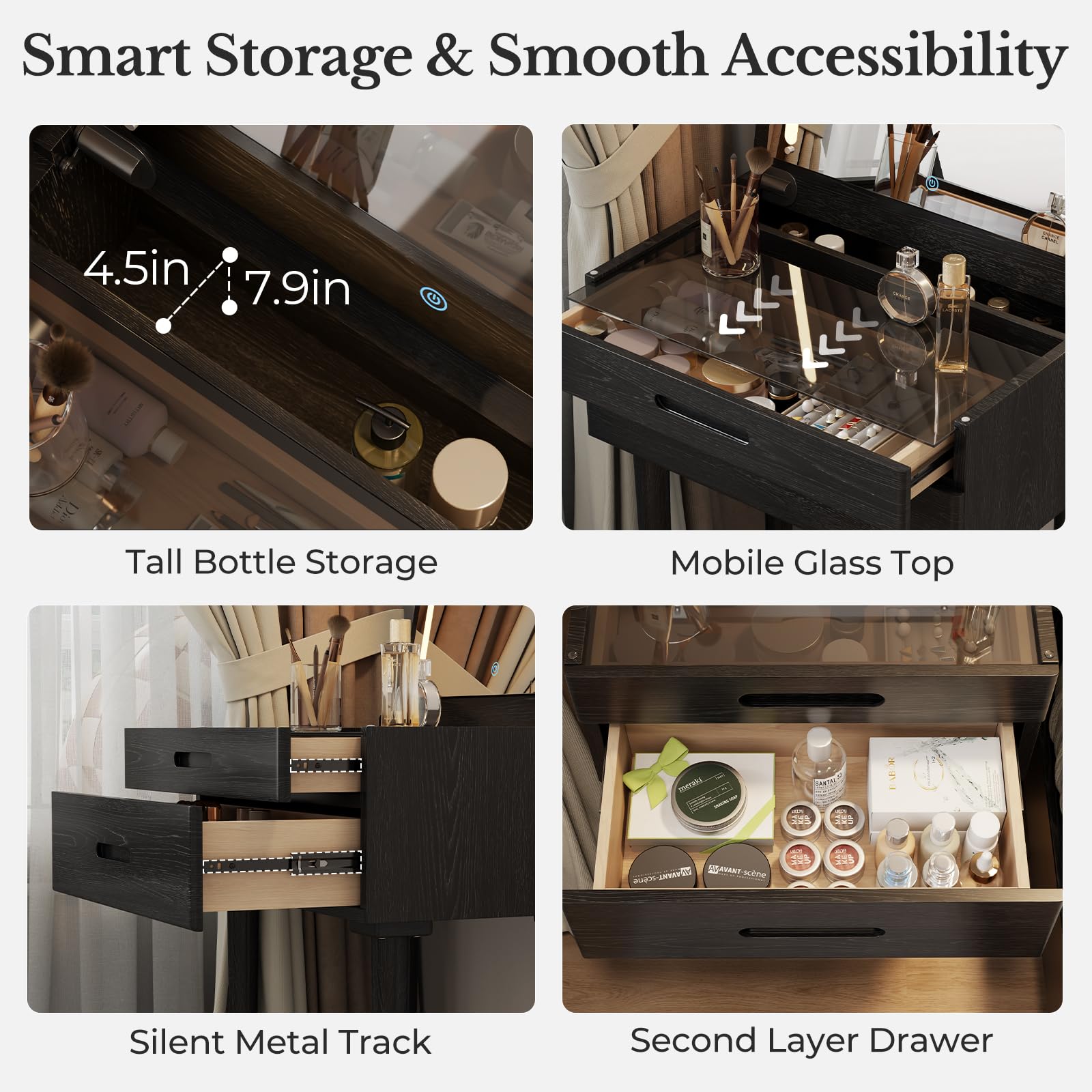 Muwuele Solid Wood Small Vanity Desk with Mirror and Lights, Narrow Makeup Vanity for Small Space, Flip Top Vanity Side Table, 3 Color Modes & Adjustable Brightness, 19.6" Slim Dressing Table, Black