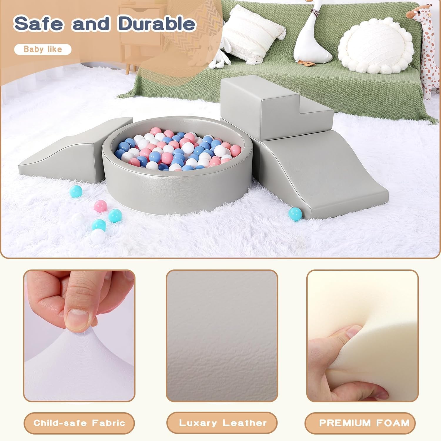 Foam Climbing Blocks for Toddler: with 4-Piece PU Leather Climbing Toys and a Ball Pit - Foam Ball Pit for Toddlers - Climbing Toys Indoor for Kids Crawling (Beige/Ivory Climbing Blocks)