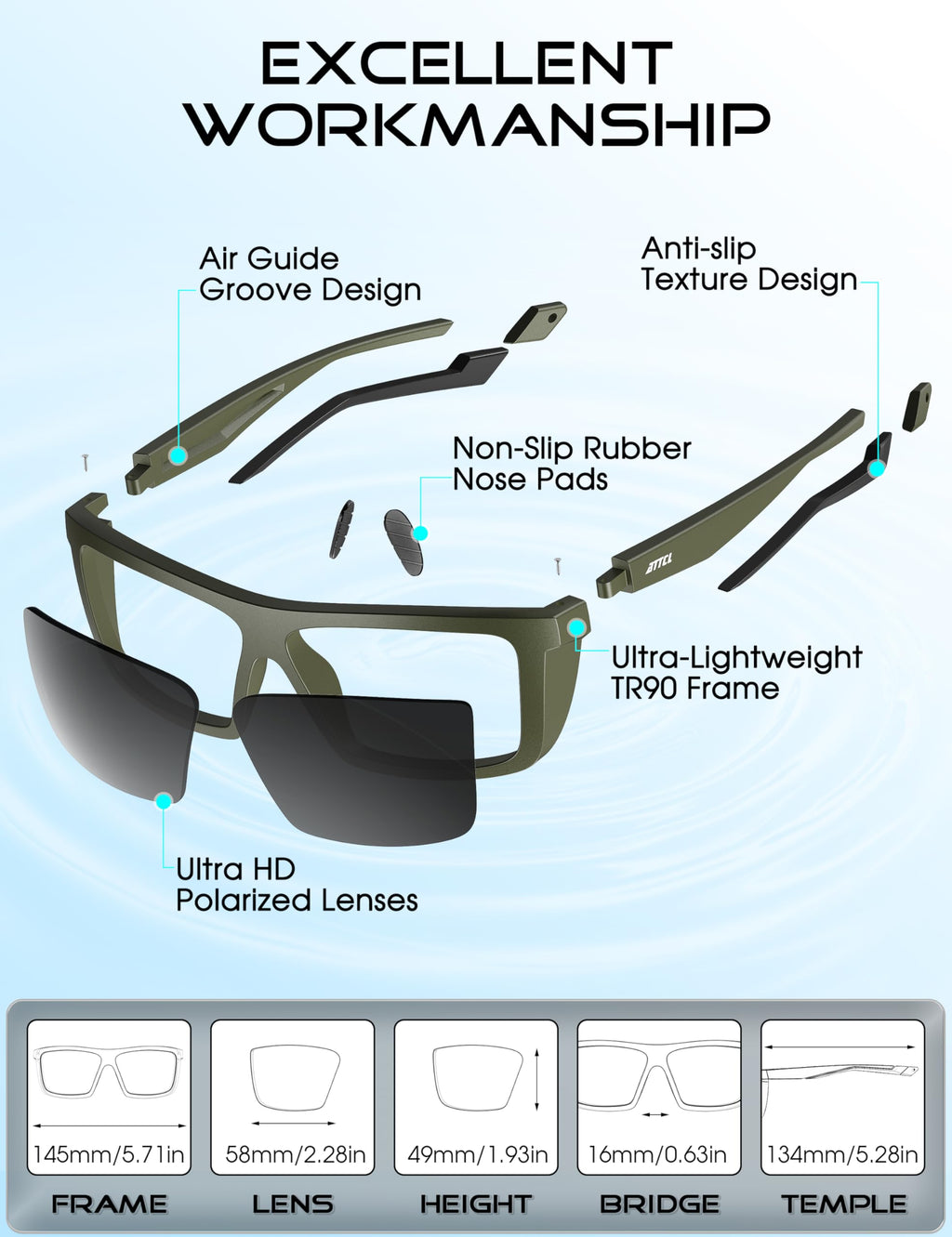 ATTCL Sports Polarized Sunglasses for Men: Secure Anti-Slip Lightweight TR90 Square Frame UV Protection for Driving Fishing