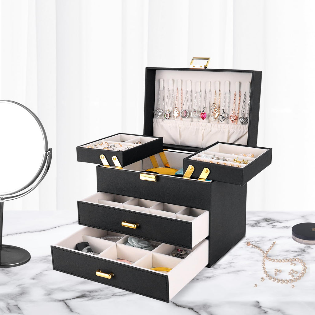 Dajasan Jewelry Organizer Box, Large Jewelry Boxes for Women Girls, Space-Saving 4 Layers Jewelry Storage Case with Drawer, Movable Metal Stand, Modern, Gift Idea (Green)