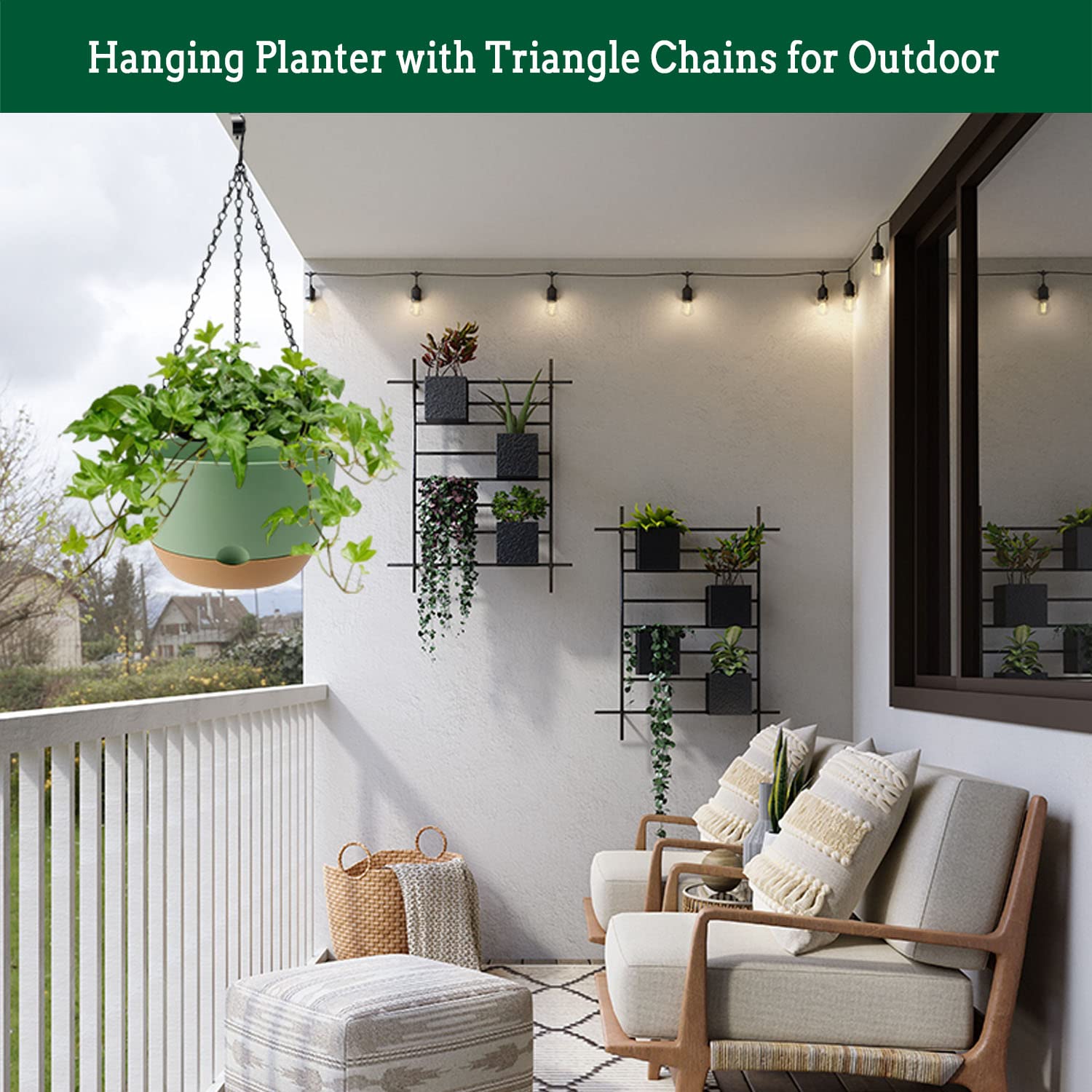 Koalaime Hanging Planter Self Watering 10 Inch, 2 Pack Indoor Outdoor Hanging Baskets, Hanging Flower Pots with Drainage Hole & 2 Kinds of Plant Hangers for Garden Home Decor(Green)…