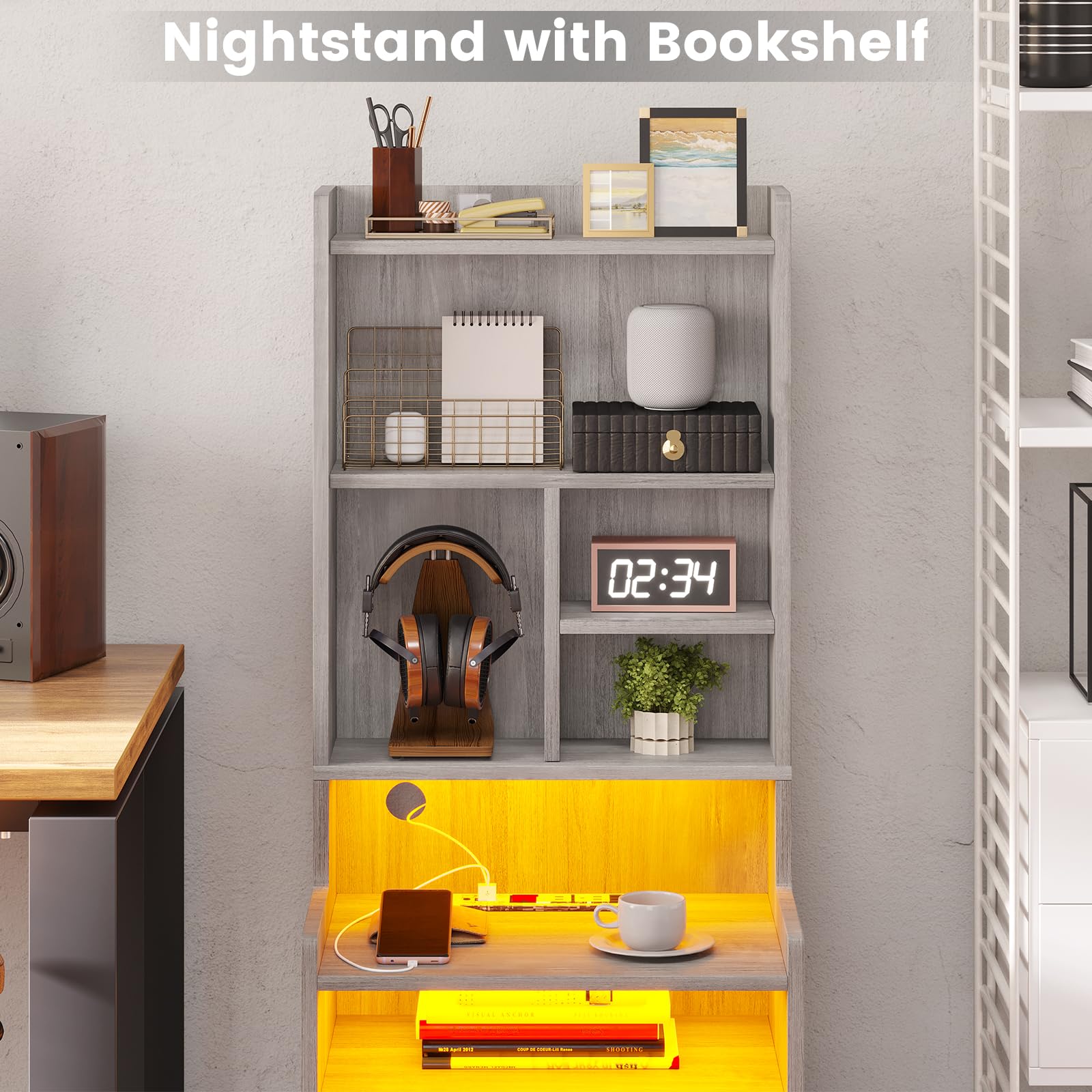 BTHFST Tall Nightstand with LED Lights and Charging Station, LED Black Nightstand with Shelves and 2 Drawers, Bedside Table with Bookshelf, Tall Side End Table with Storage