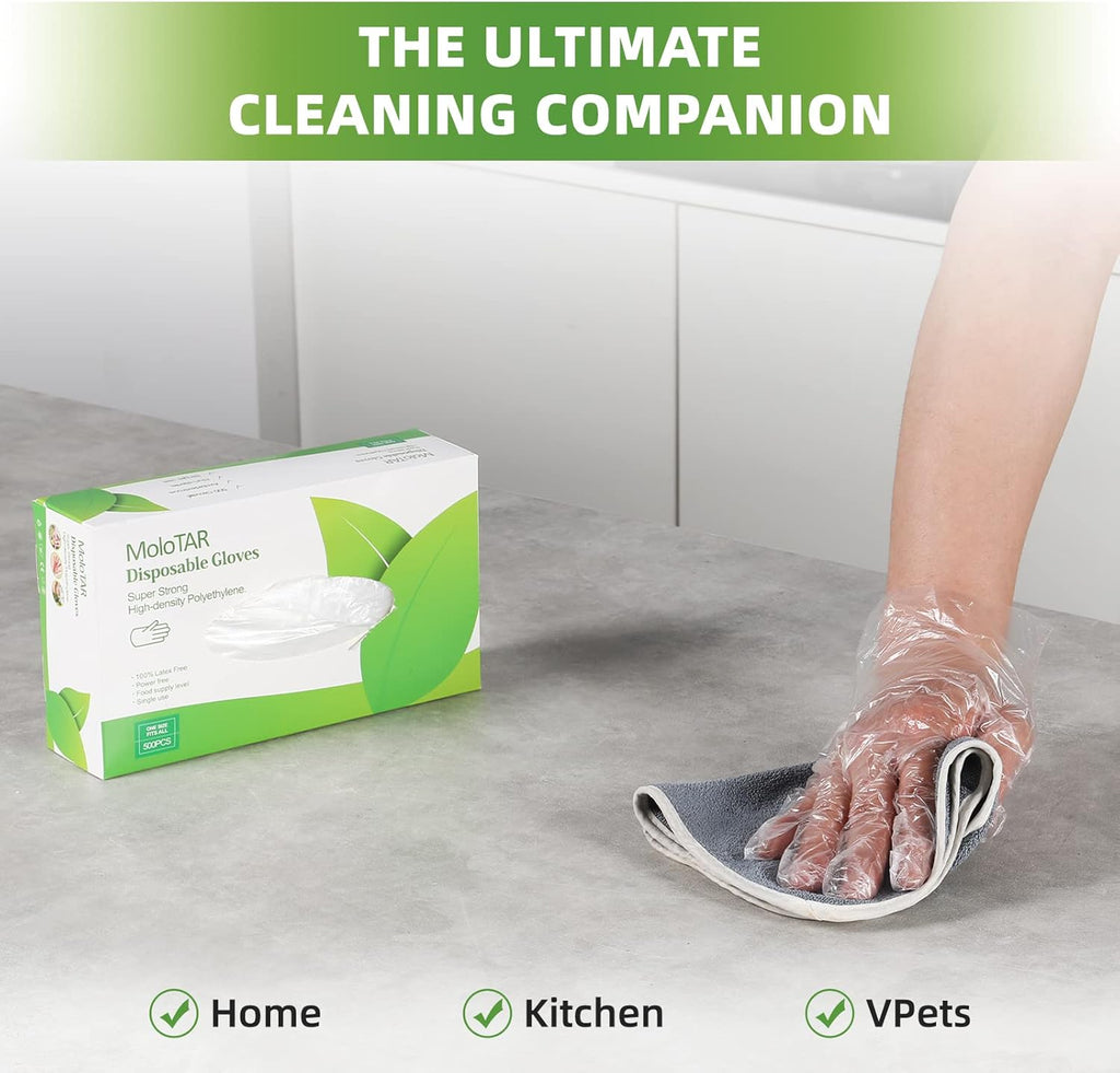 MoloTAR 500 Pieces Plastic Disposable Gloves,Disposable Gloves for Cleaning, [ One Size Fits Most ]