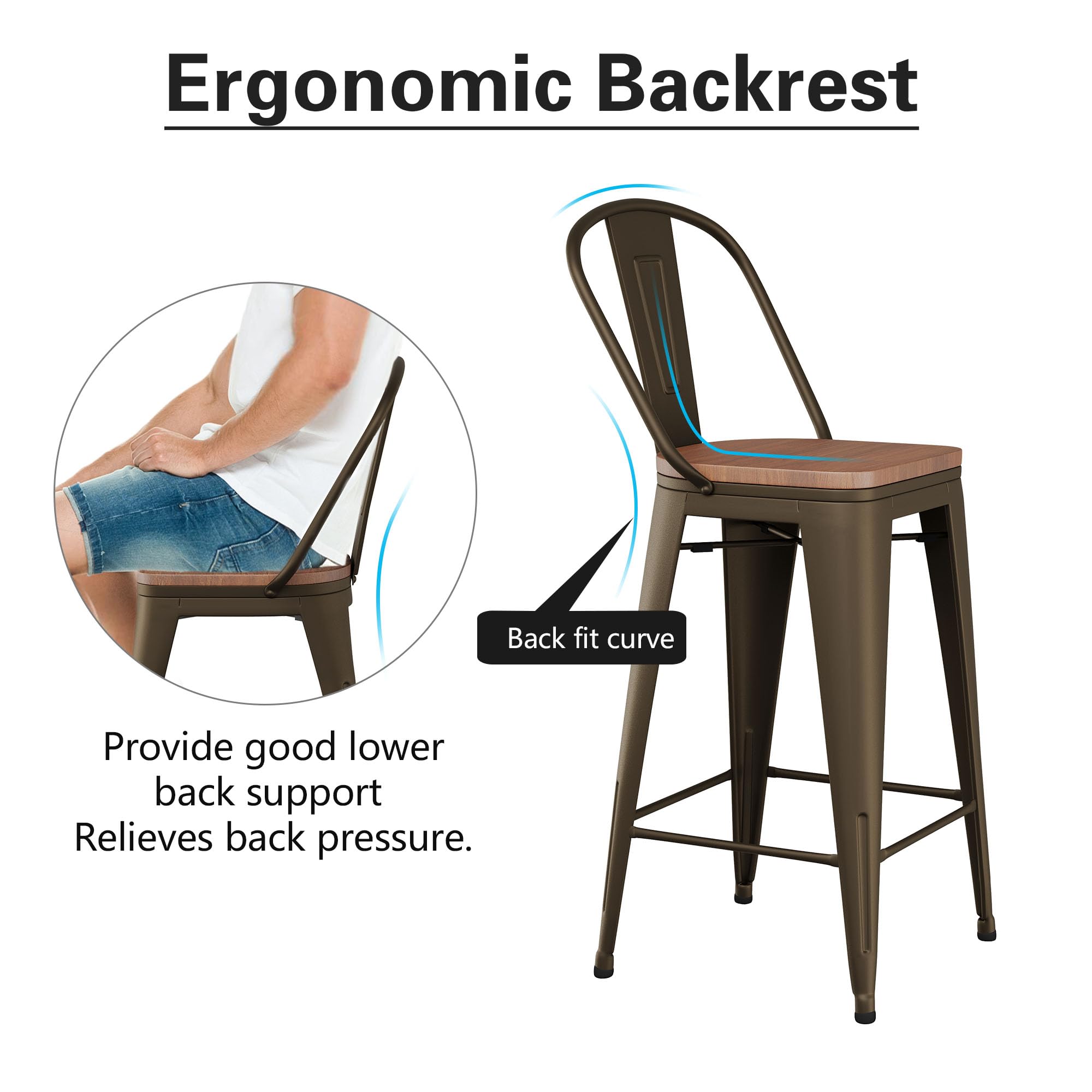 Alunaune 24" Swivel Metal Bar Stools Set of 4 High Back Counter Height Barstools Industrial Dining Bar Chairs with Large Wooden Seat-Matte Black