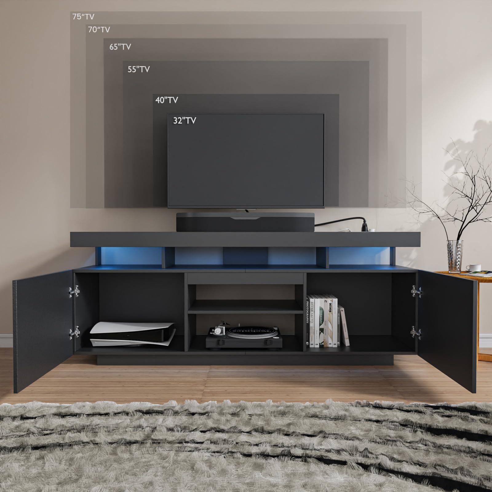 HOMMPA Modern LED TV Stand for 55 Inch TV, Black Tall TV Console with Power Outlet, Entertainment Center with Storage, High Gloss Gaming Media Console Cabinet for Living Room (47 Inch)