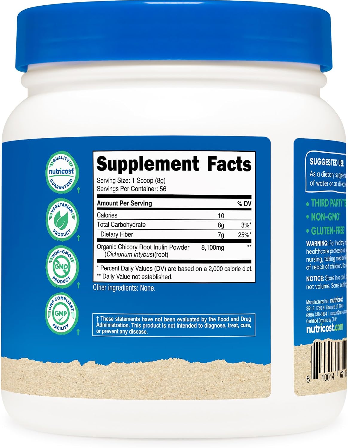 Nutricost Organic Inulin Powder 1LB (454 Grams) 7 Grams of Fiber Per Serving - from Chicory Root - Certified USDA Organic