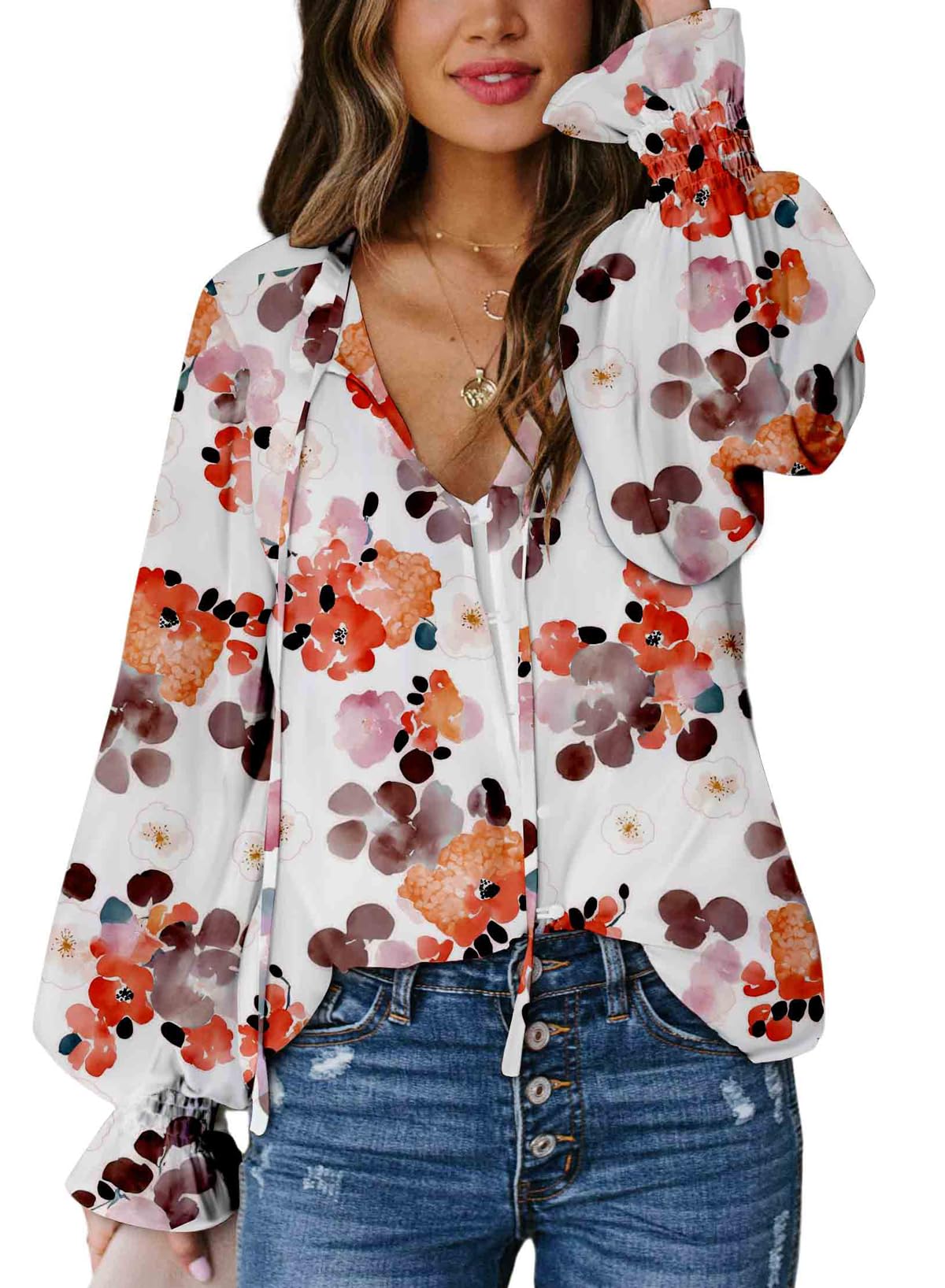 Biucly Women's Casual Boho Floral Print V Neck Long Sleeve Drawstring Tops Loose Blouses Button Down Shirts
