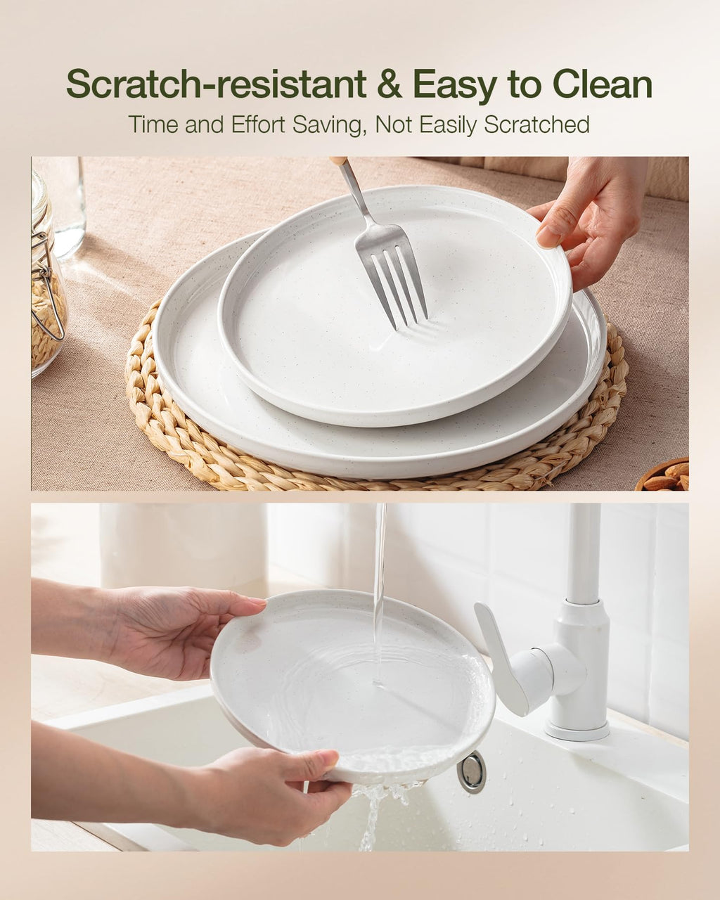 Famiware Pluto Stoneware Dinnerware Sets, 12-Piece Double Reactive Glaze Plates and Bowls Sets, Dishware Sets for Everyday & Formal Dining, Irregular Edge Dishes, Service for 4, Matte Beige White