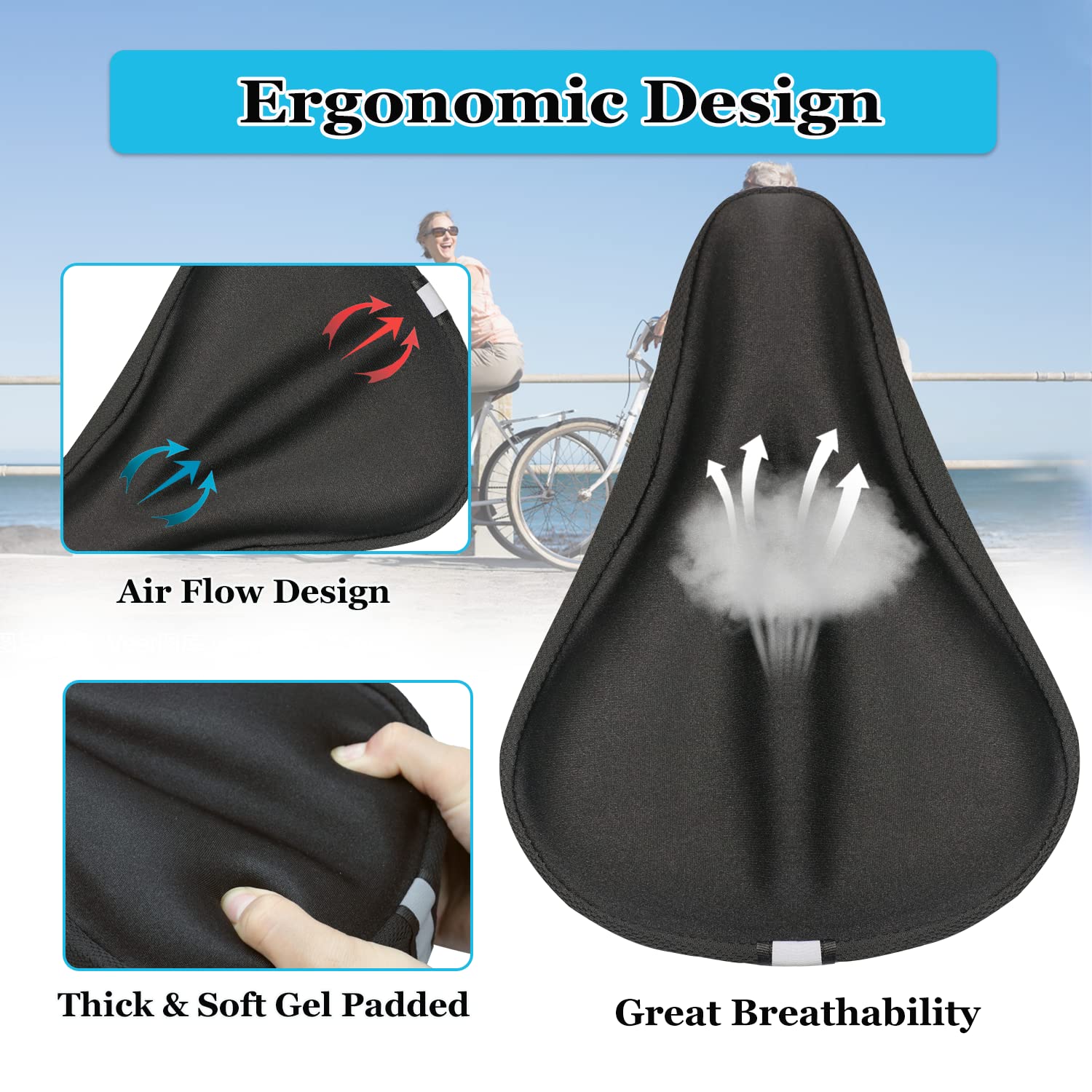 Geronmine Gel Bike Seat Cover Padded Bicycle Saddle Covers for Women & Men, Most Comfortable Exercise Bike Seat Cushion Cover, Soft for Spin Indoor Outdoor Cycling Class Mountain Stationary Bikes