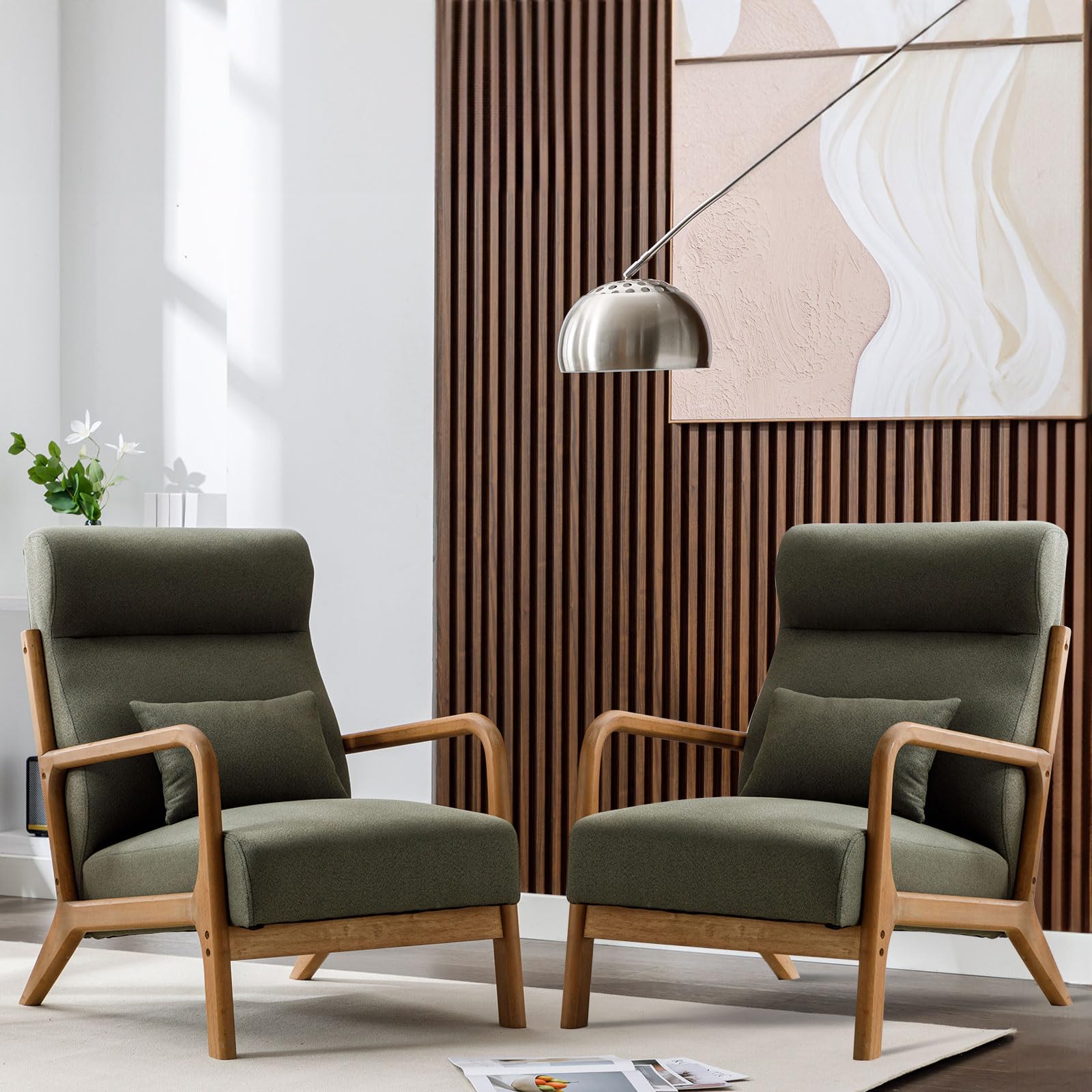 ANJ Mid Century Modern Accent Chair, Comfy Fabric Living Room Chairs with Solid Wood Frame, Lounge Reading Armchair, Easy Assembly, Beige