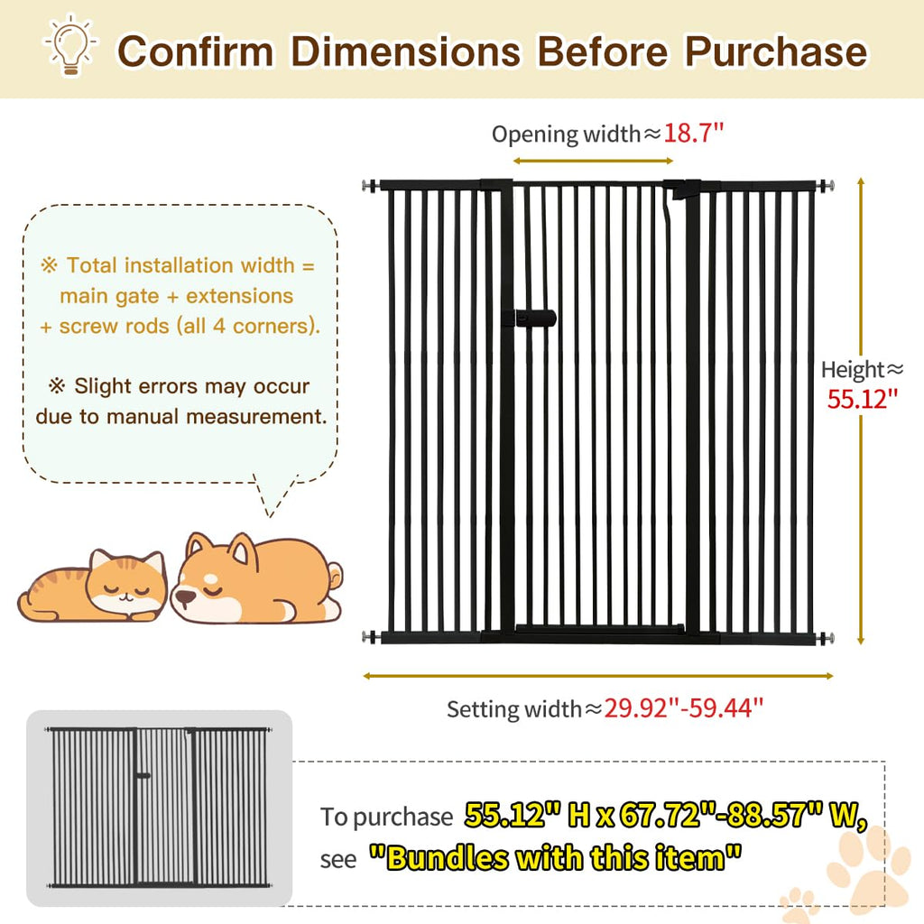 Lumizone Extra Tall Cat Gate Extension Kit 55.12" High 4.13" Wide Black | Tall Pet Gate Dog Gate for Doorway Hallway Stairs Pressure Mounted Extra Wide 1.37" Gap No Drilling