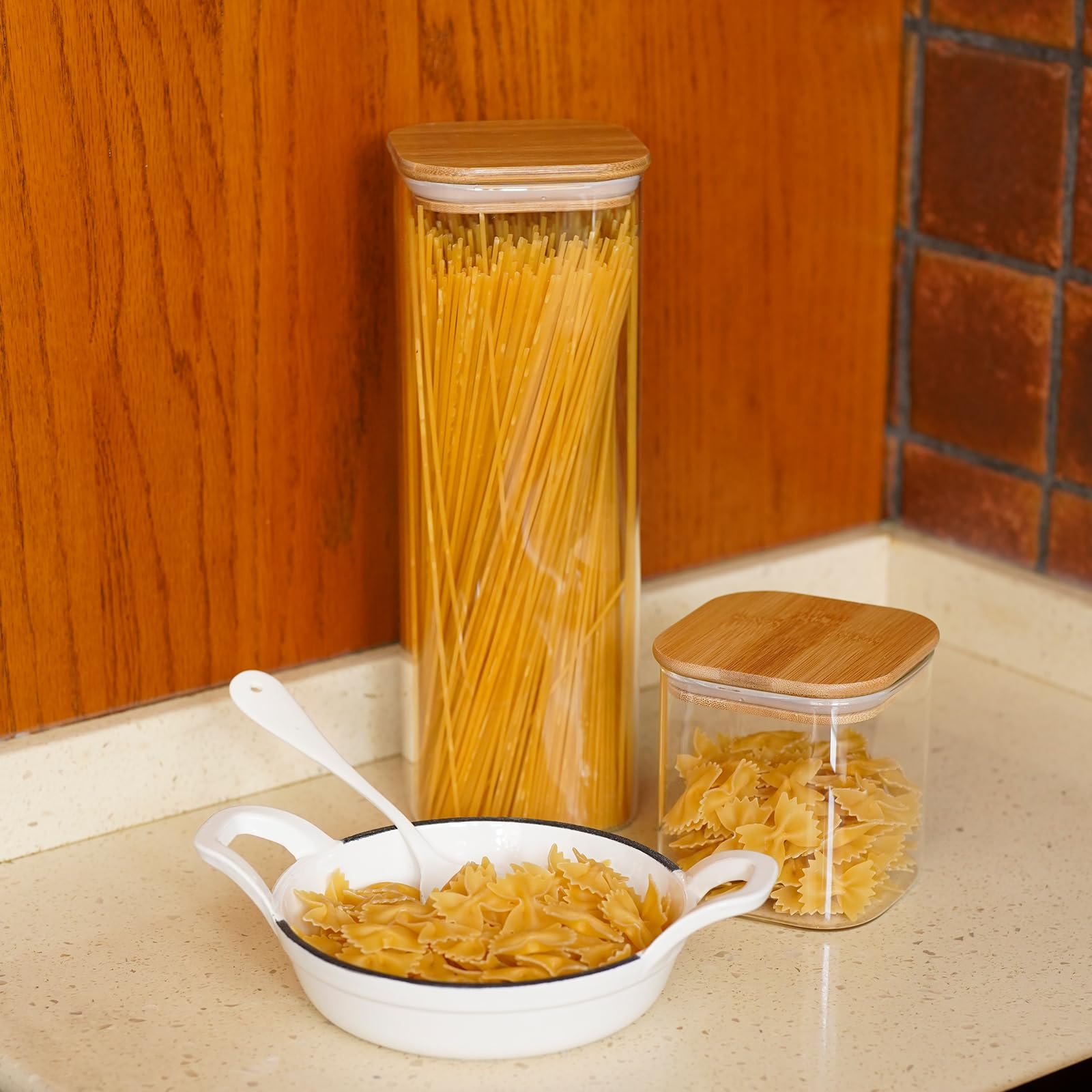 SHOWIN 73oz Glass Pasta Storage Jars, Tall Glass Jars with Bamboo Lids, Spaghetti Container, Set of 3, Kitchen Storage Containers for Pasta, Pantry Organizers