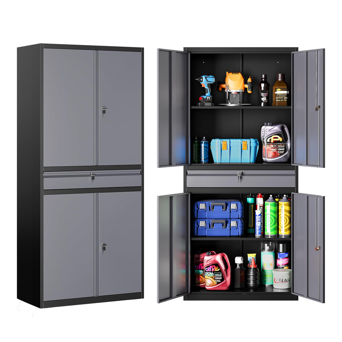 SISESOL Wide & Deep Metal Storage Cabinet with Wheels,Tall Rolling Garage Storage Cabinet with Lock,Black Metal Cabinets with Pegboards and Shelves,Tool Locker for Garage,Home,Office,43''Wx 20''Dx71"H