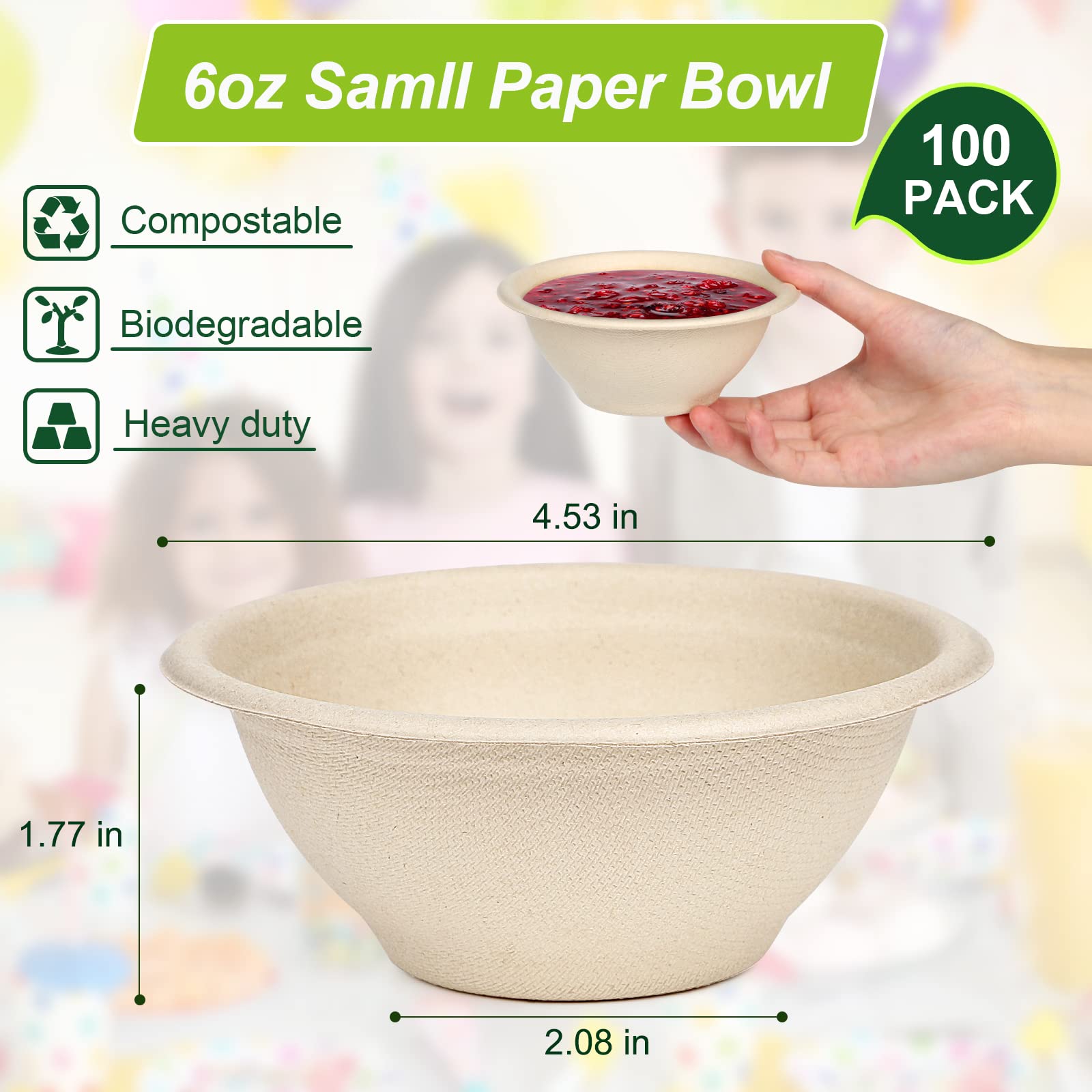 4 oz Small Paper Bowls, 100 Pack Compostable Bagasse Fiber Bowls, Microwavable for Condiments, Sauce, Ice Cream