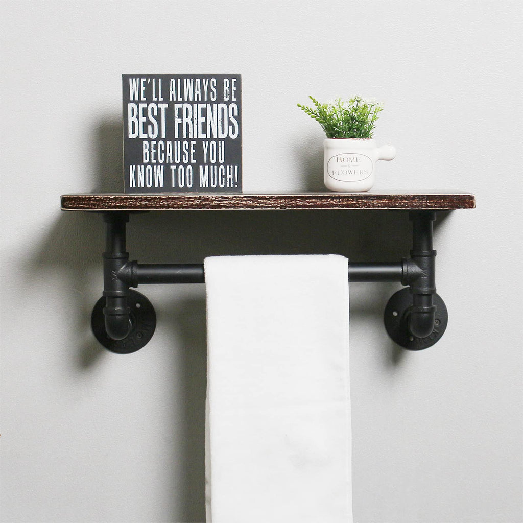 MBQQ Industrial Pipe Shelf Bathroom Shelves Wall Mounted,19.6in Rustic Wood Shelf with Towel Bar,1 Tier Farmhouse Towel Rack,Pipe Shelving Floating Shelves Towel Holder,Black & White