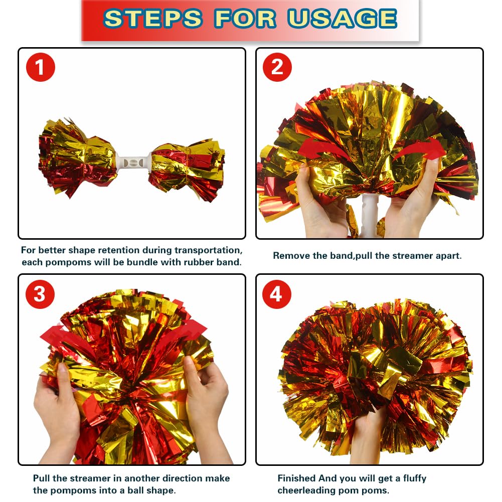 Lovecheer 2PCS/6PCS Metallic Pom Poms Cheerleading with Baton Handle Cheer Pompoms for Kids Adults Team Sports Spirit Party Cheering