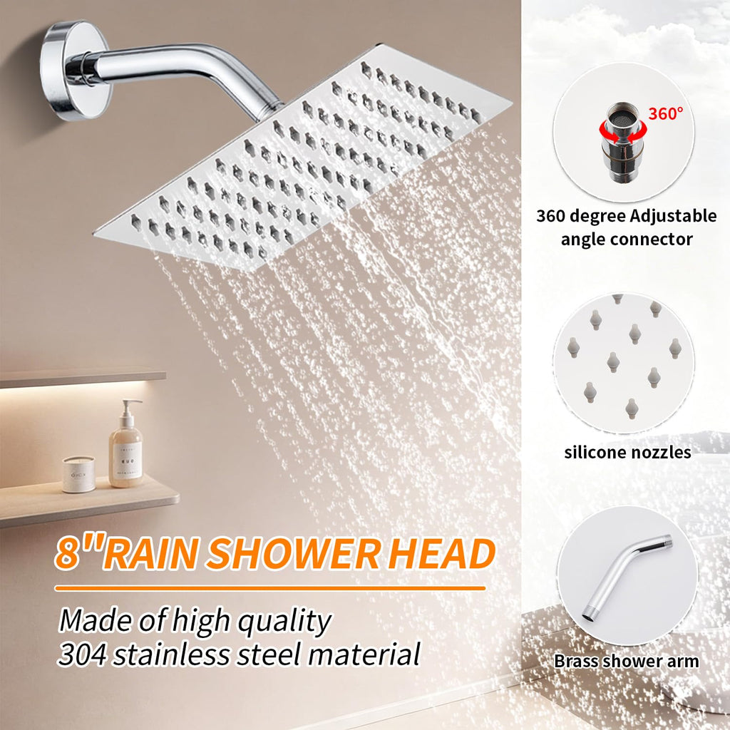 Gold Brushed Tub Shower Faucet Set With 8" Shower Head & Spout