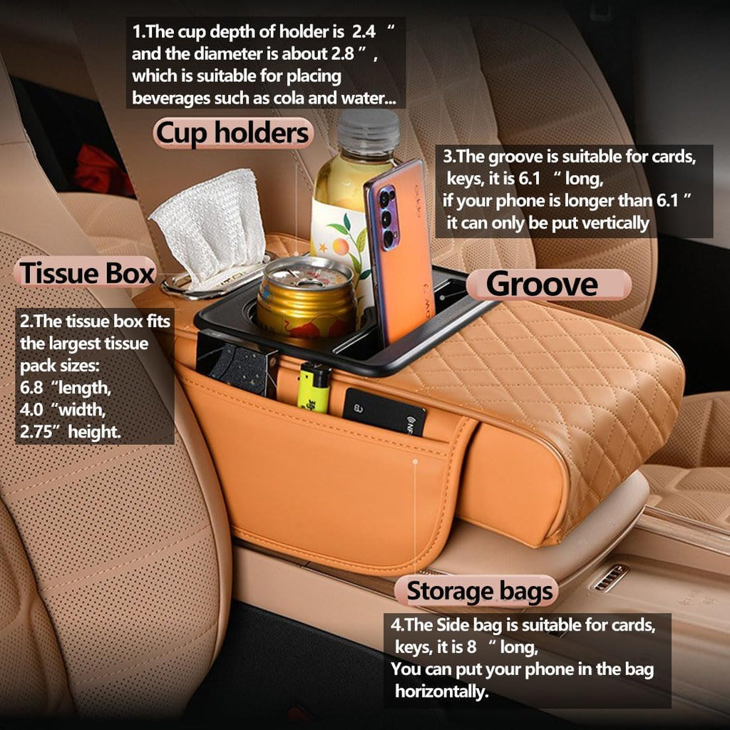 Car Armrest Cushion,5-in-1 Center Console Cover with 2 Storage Bags Cup Holder, Tissue Box Slot, Phone Slot for Sedans, Car Accessories Interior Organizers (Beige)