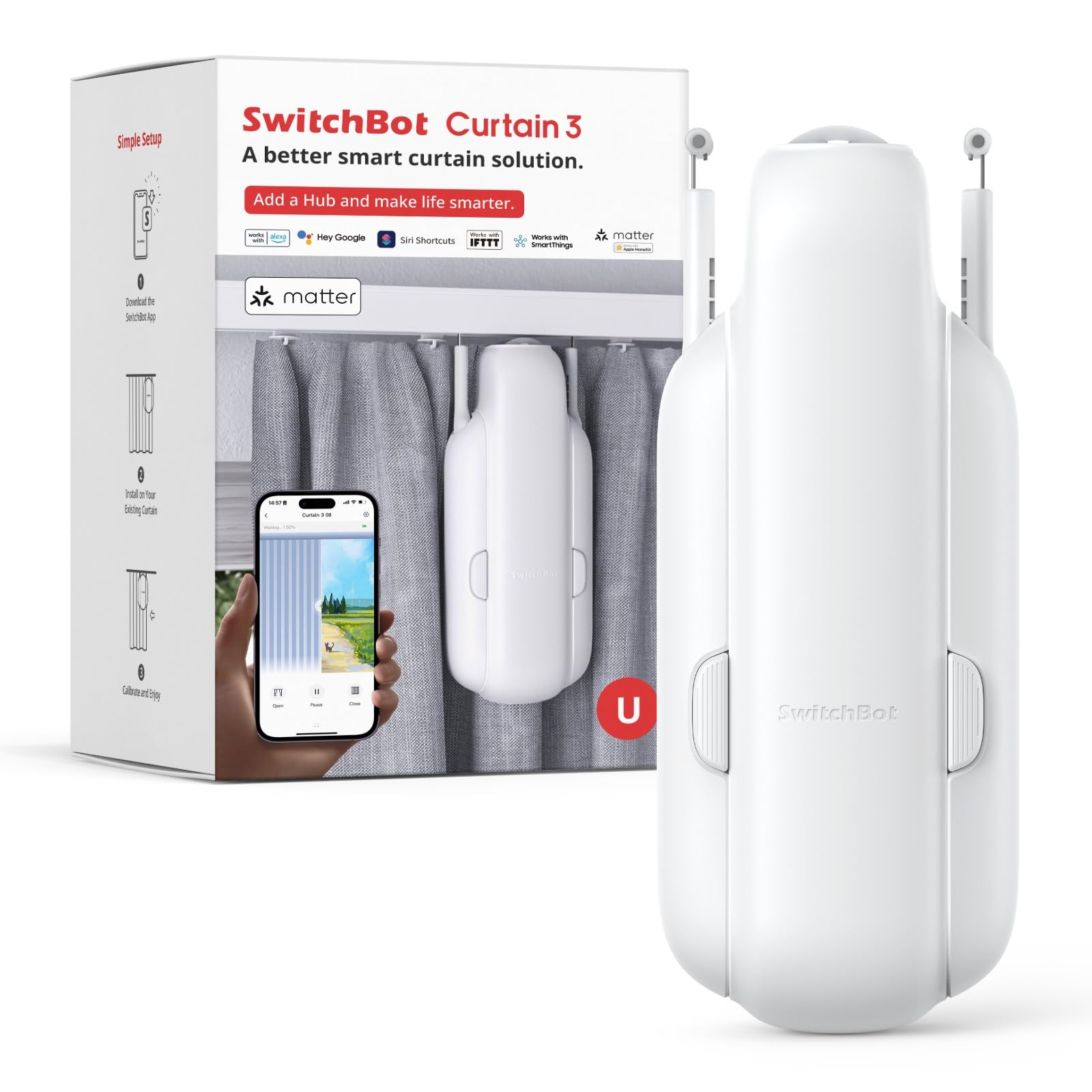 SwitchBot Smart Automatic Curtain Opener 2 Packs with Hub3 - Bluetooth Remote Control with App/Timer, High-Performance Motor, Unlimited Power, Add Hub to Compatible with Alexa, Google Home, HomeKit