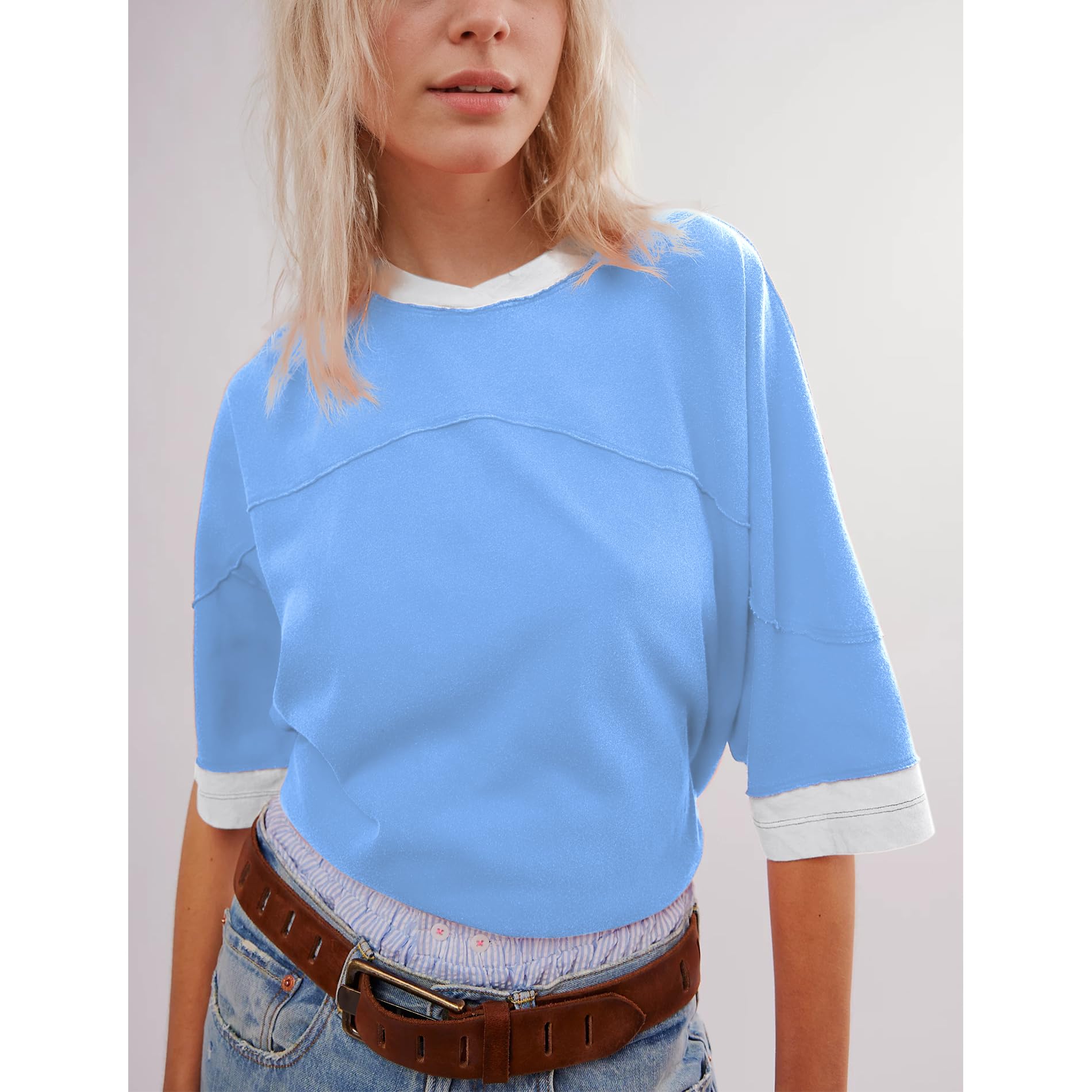 Songling Womens 3/4 Length Sleeve Casual Loose Fit Summer Tee Shirt Basics Cotton t Shirts Trendy Tops