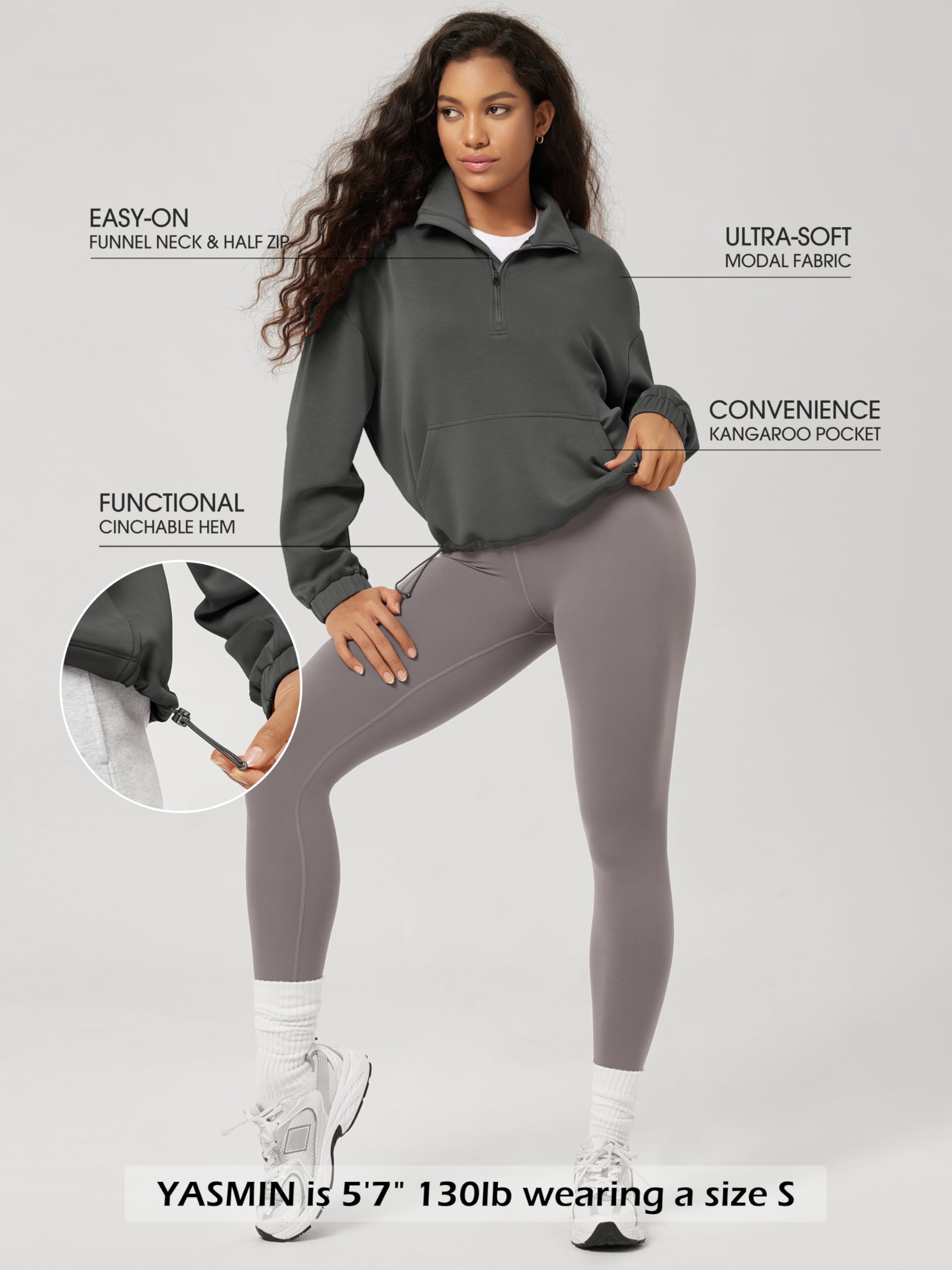 ODODOS Women's Modal Soft Cinchable Sweatshirts Half Zipper Funnel Neck Oversize Pullover with Pockets