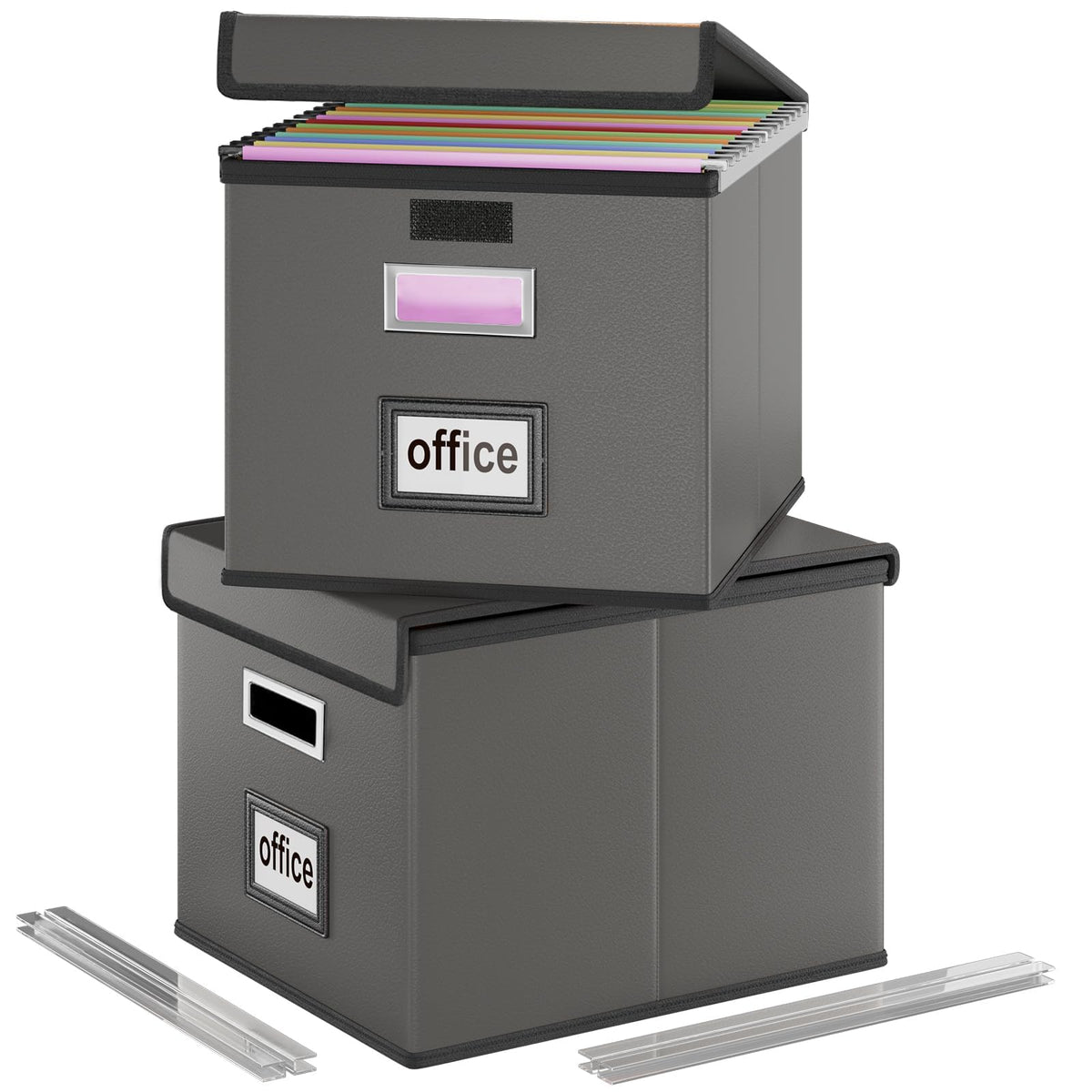 File Organizer Box with Lid, Collapsible Faux Leather Hanging File Folder Box Organizer with Plastic Slides, Decorative Home/Office Filing System Boxes for File and Folders Storage
