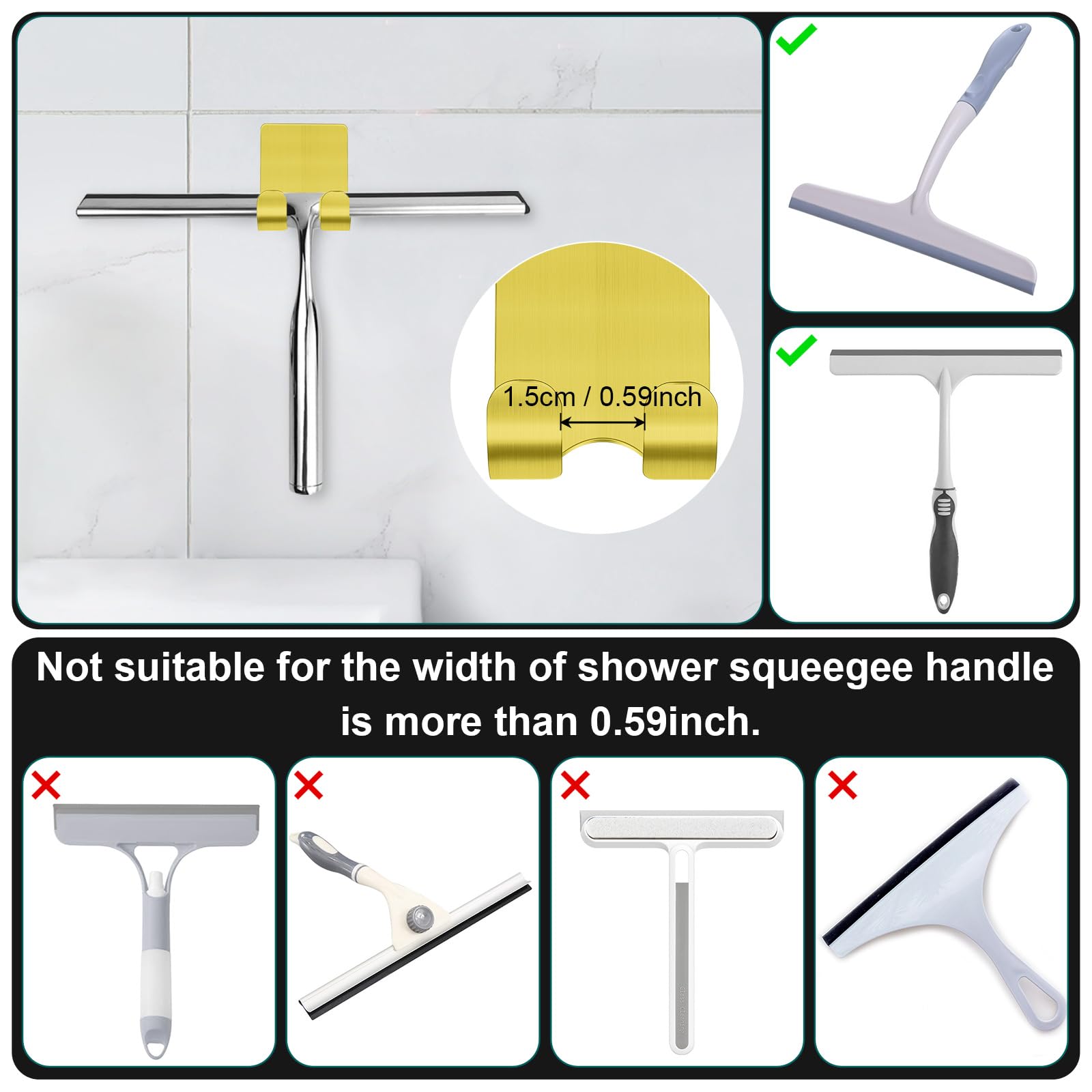 CGBE Shower Holders for Razors, 2 Pack Squeegee Holder and 2 Pack Razor Holder, Razors Holder for Shower Heavy Duty Waterproof Hook for Squeegee Loofah - Black