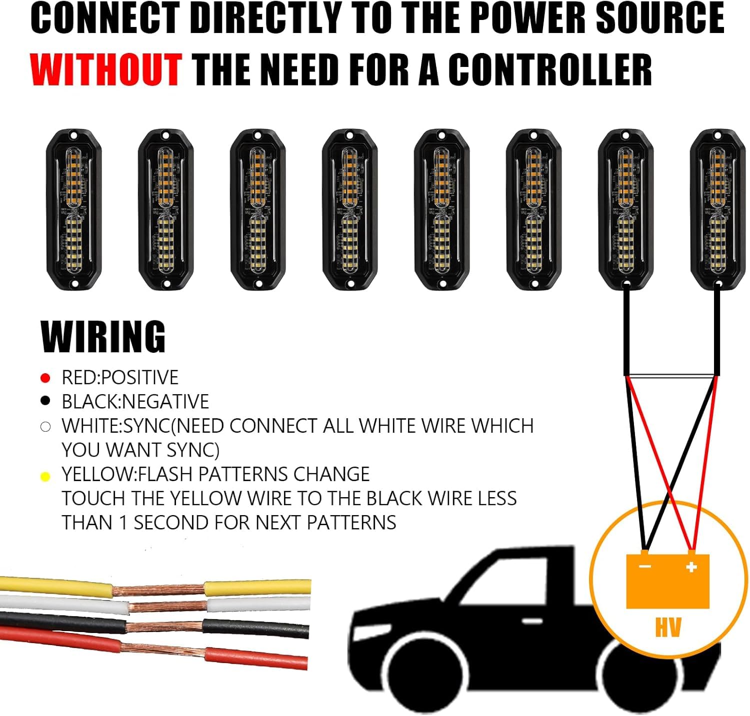 WINECO Amber led strobe lights for trucks 8pcs 12-LED Surface Mount Flashing Strobe Lights kit for Trucks Car Vehicles LED Mini Grille Grill Strobe Light Head Emergency Hazard Warning lights