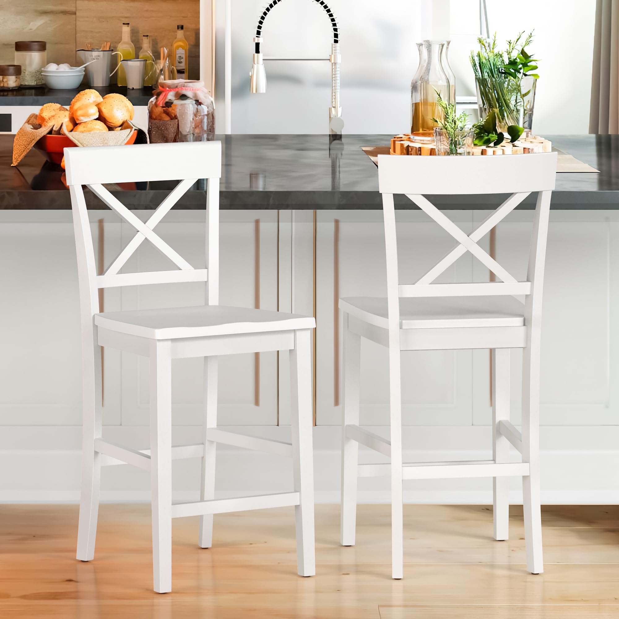 Cozyman Bar Stools Set of 2, 24" H Wooden Counter Stools with Back and Footrest, X-Back Farmhouse Barstools for Kitchen Island, Home Bar, Black