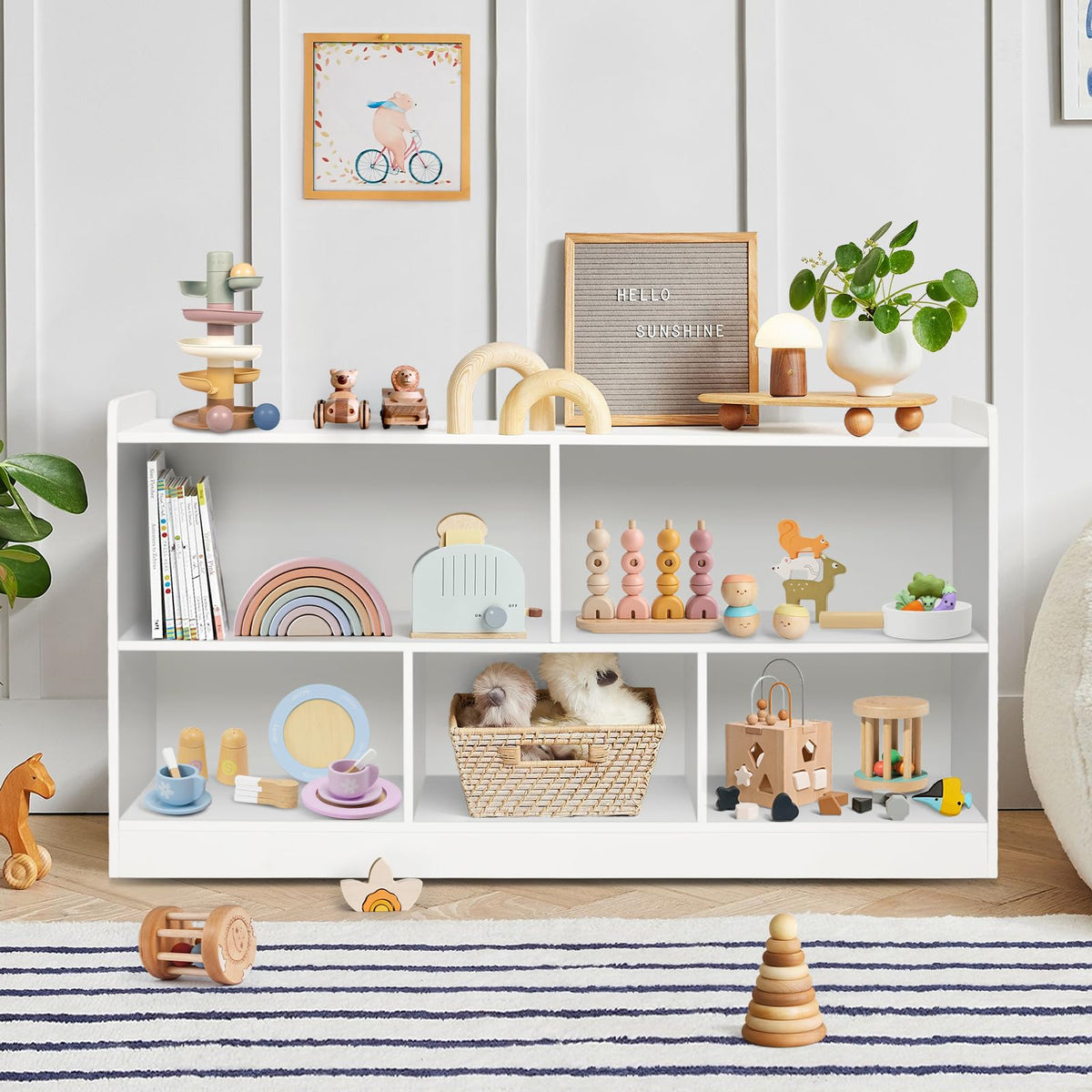 Montessori Shelf, Wooden Toy Storage Organizer for Books Toys, 2 Shelf Bookcase, 5-Section Storage Cabinet, Toddler Book Shelf for Kids Rooms, Playroom, Nursery, Kindergarten (Natural)