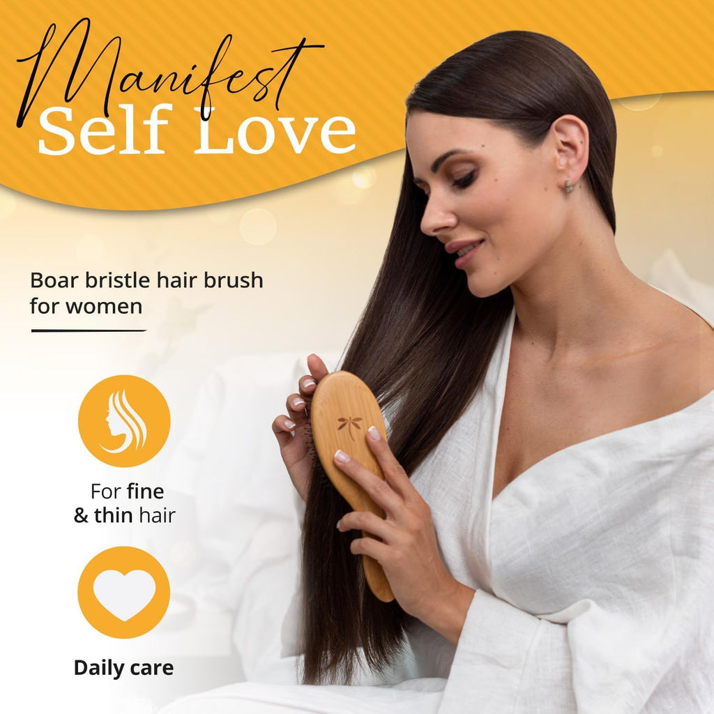 Premium Boar Bristle Hair Brush for Thick Hair Set. Hairbrush for Women With Thick, Long or Curly Hair. Restores Hair's Shine and Health. Comb, Travel Bag & Spa Headband Included