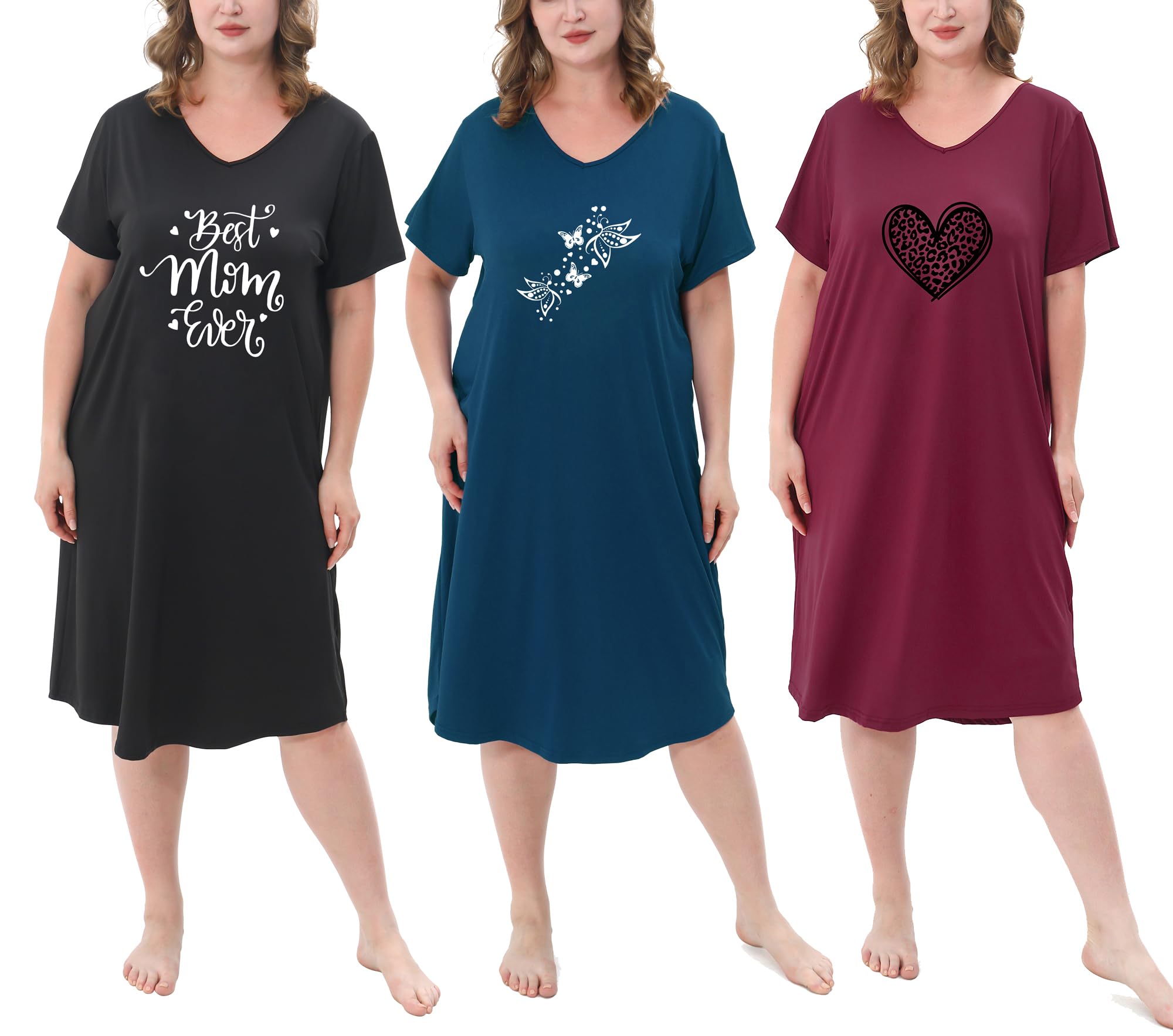 3 Pack Plus Size Women's Nightgown Soft Print Nightshirts for Women Short Sleeve Sleepwear