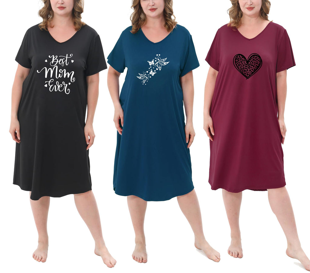 3 Pack Plus Size Women's Nightgown Soft Print Nightshirts for Women Short Sleeve Sleepwear