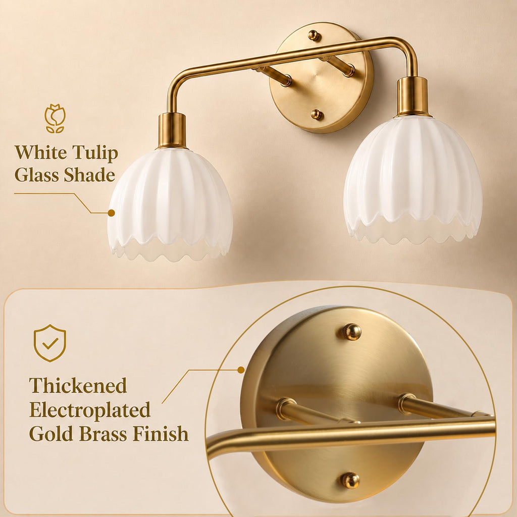 1-Light Gold Brass Bathroom Light Fixture,Wall Sconces set of 2,Brushed Gold Vanlity Light Over Mirror,Bathroom Vanity Light with White Tulip Glass Flower Shade,E26 Socket(Bulbs Not Included)