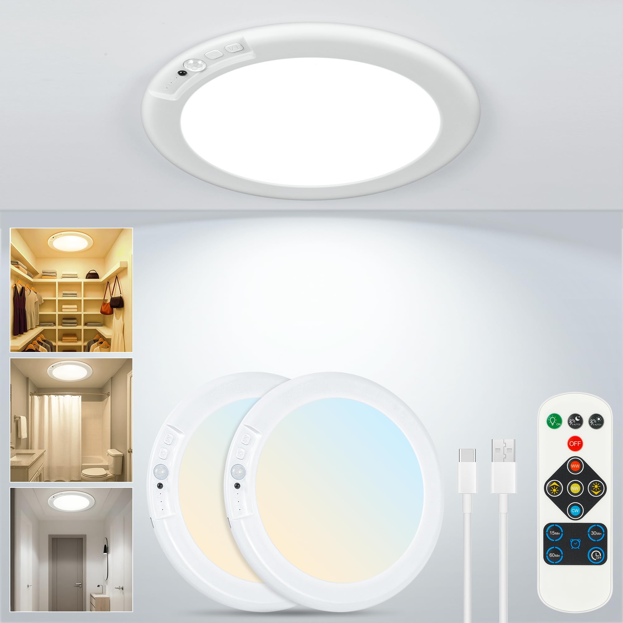 Wireless Closet Lights Motion Sensor - No Wiring Rechargeable Ceiling Light Night Light Indoor, Battery Operated Led Lights for Bedroom with Remote, Living Room Bathroom Home & Kitchen Decor Lighting