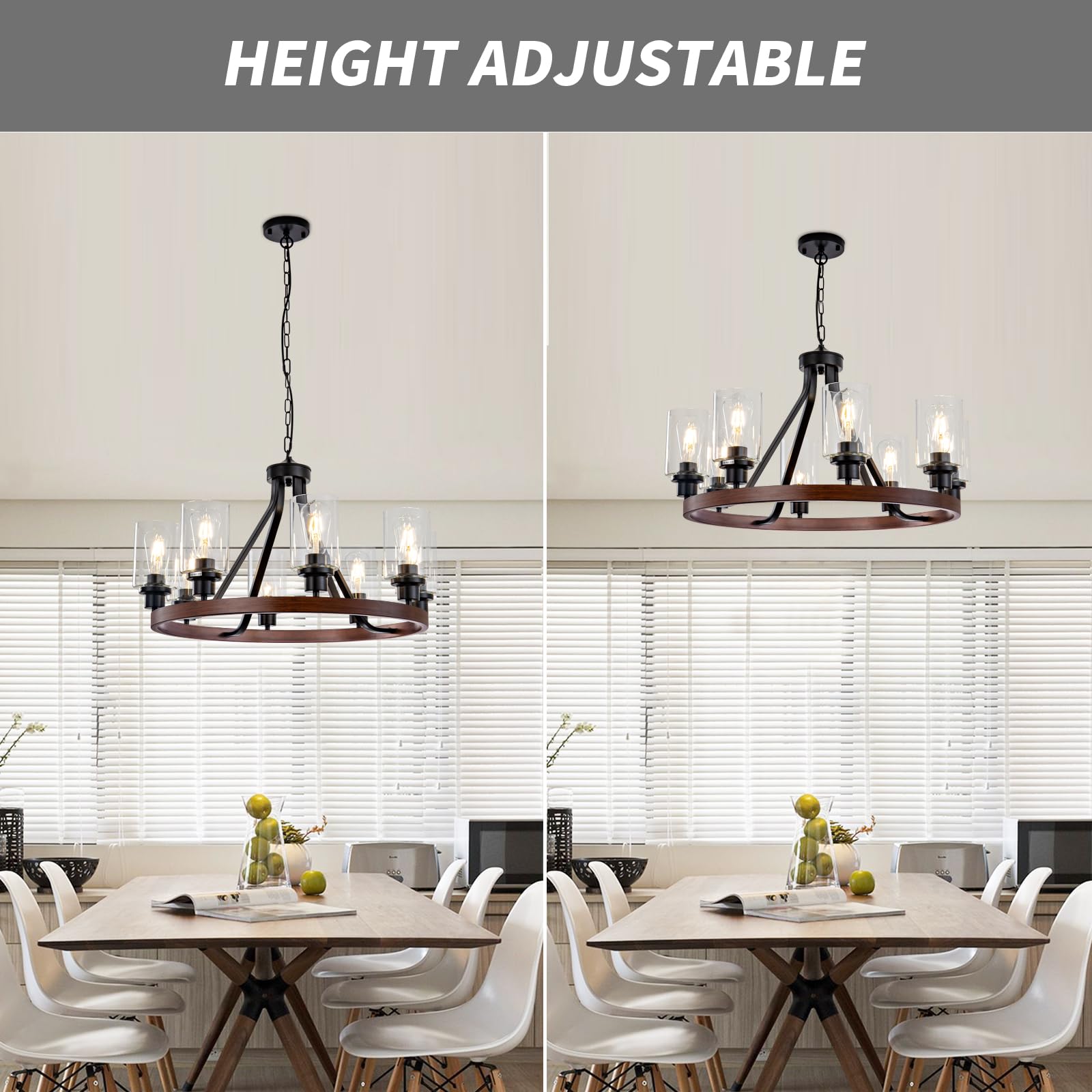 Lanhall 6-Light Modern Dining Room Light Fixture Brushed Nickel Kitchen Chandelier Ceiling Hanging Pendant Lighting with Glass Shade for Living Room Bedroom Entryway Adjustable Height Metal E26