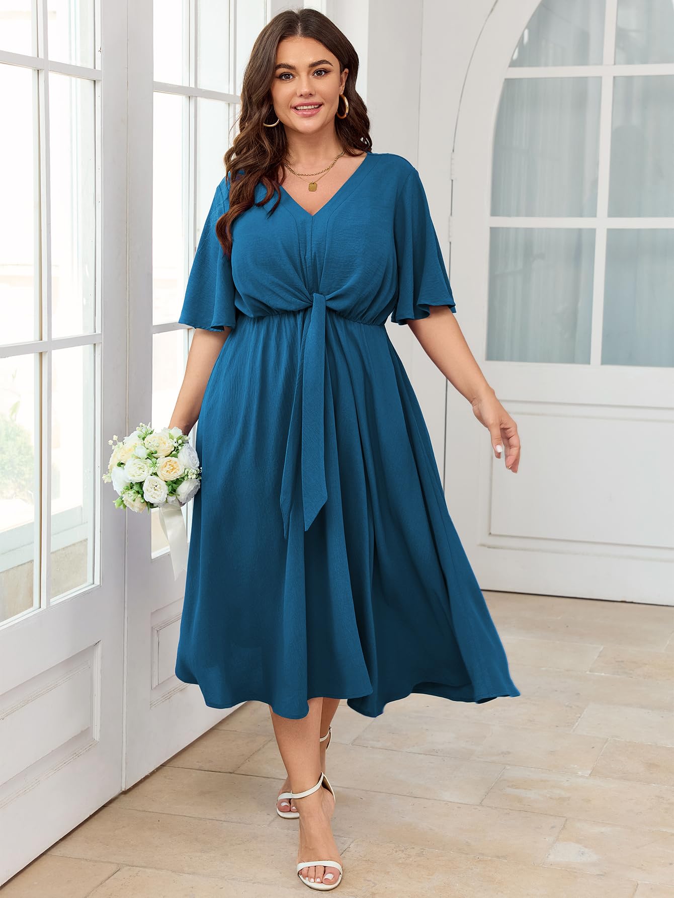 SCOMCHIC Women Plus Size Midi Dresses Wedding Guest Short Sleeve V Neck Tie Waist Casual Summer Flowy A Line Dress
