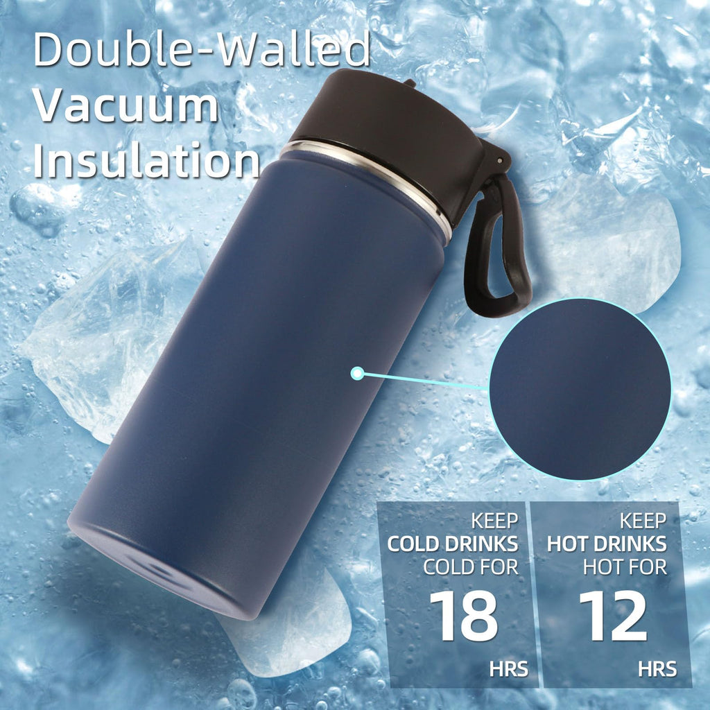 Volhoply Kids Insulated Water Bottle with Straw,16oz Stainless Steel Cold Water Bottles for School,BPA-Free Metal Wide Mouth Cups with Handle Lid,Reusable Double Wall Vacuum Sport Flask(Black,1)