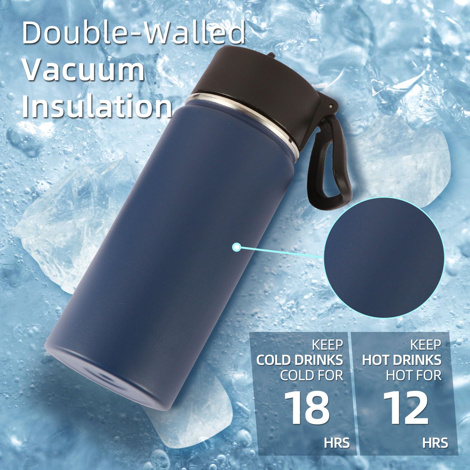 Volhoply Kids Insulated Water Bottle with Straw,16oz Stainless Steel Cold Water Bottles for School,BPA-Free Metal Wide Mouth Cups with Handle Lid,Reusable Double Wall Vacuum Sport Flask(Black,1)